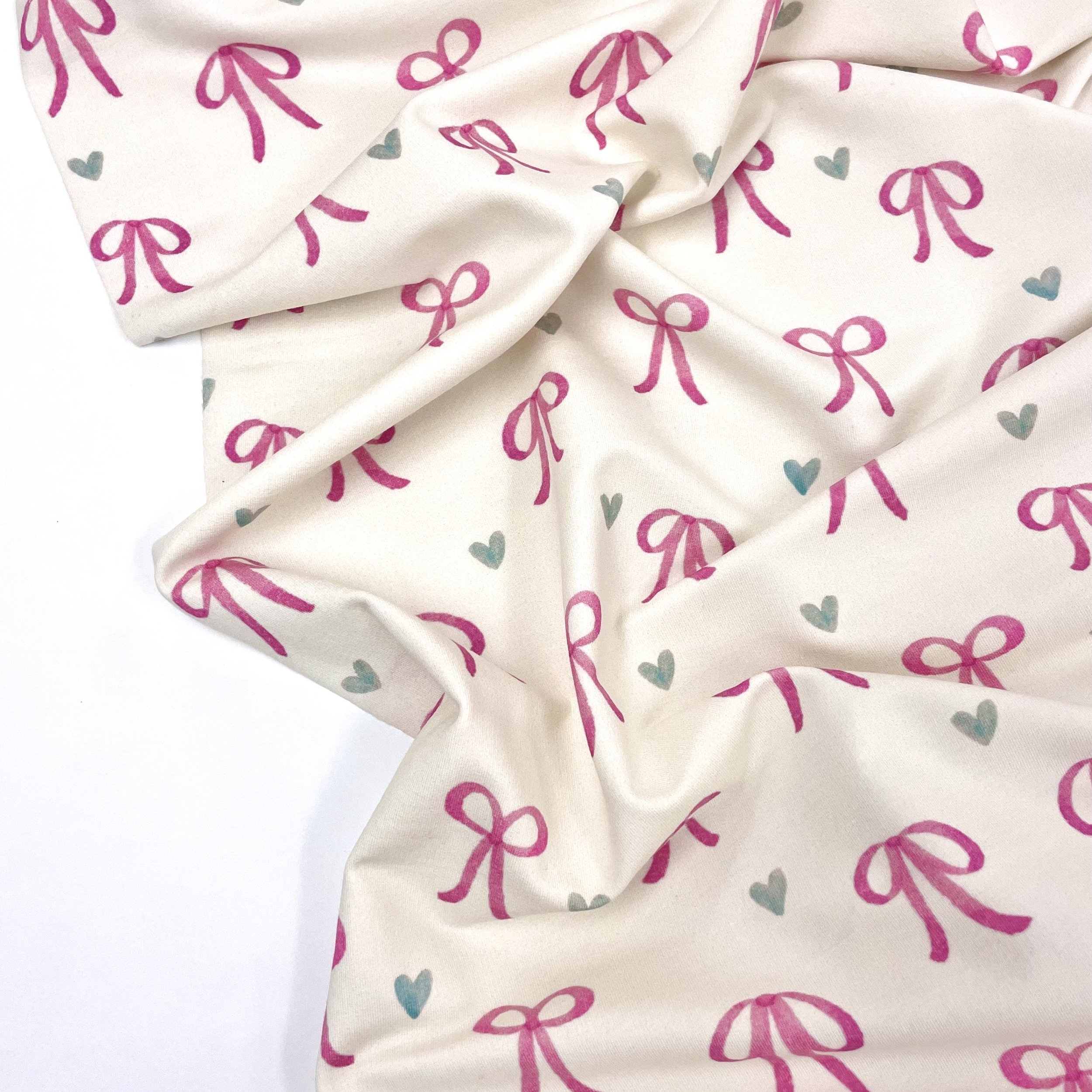 Hey Sew Sister - Bows and Hearts - Printed Super Soft Lightweight Sweatshirting Fabric - Cream and Pink 2.jpeg