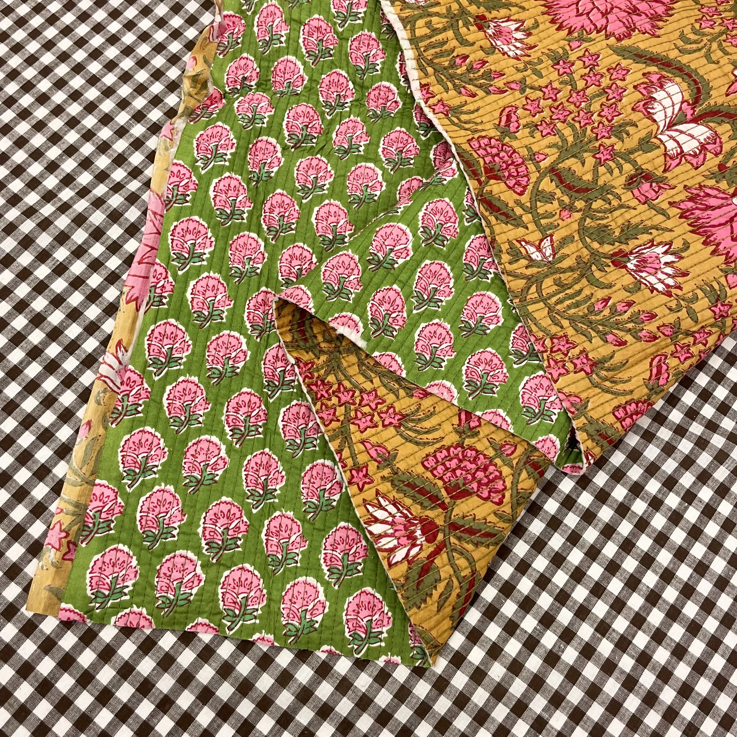 Hey Sew Sister - Double Sided Pre-Quilted Cotton Fabrcs - Block and screen printed Cotton - Saffron Yellow & Forest Green Pink 1.jpeg
