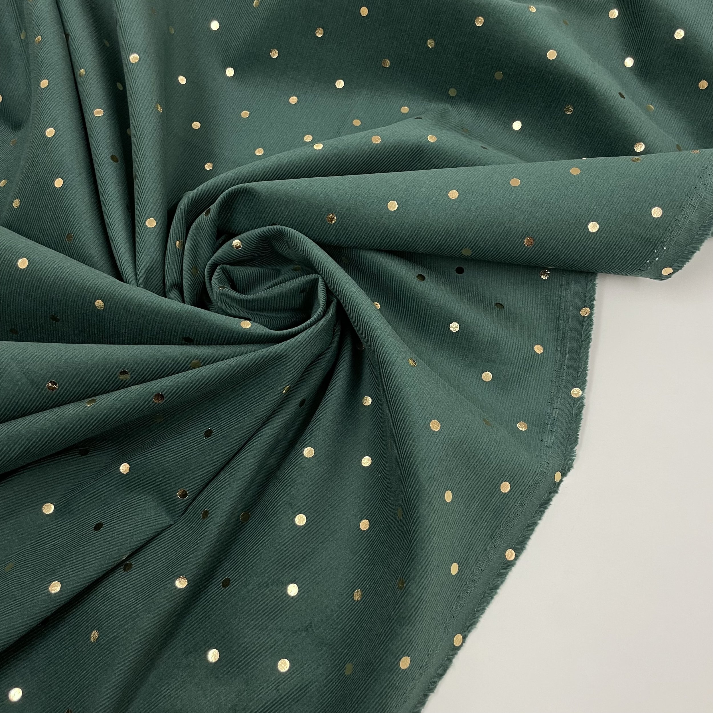 Hey Sew Sister - Elton - Navy Cotton Babycord Corduroy Fabric Printed with Gold Foil Polkadots Spruce Green 3.jpeg