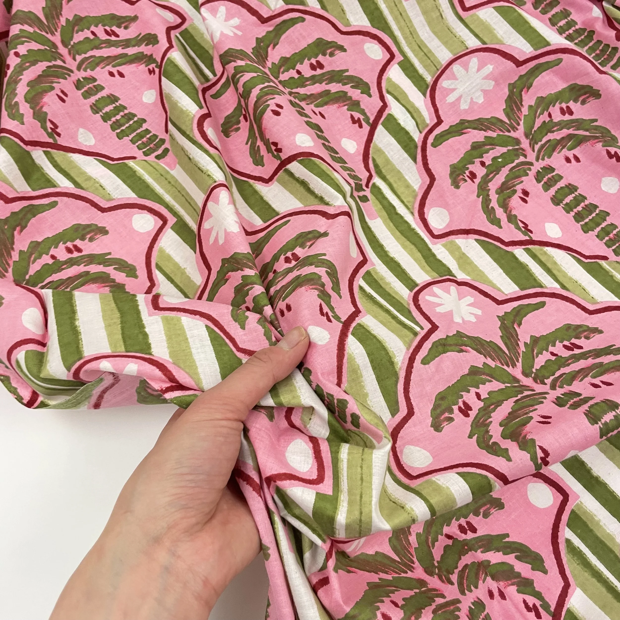 Hey Sew Sister - Palm Tree Stripe Cotton Screen Printed Fabric Green and Pink 2.jpeg