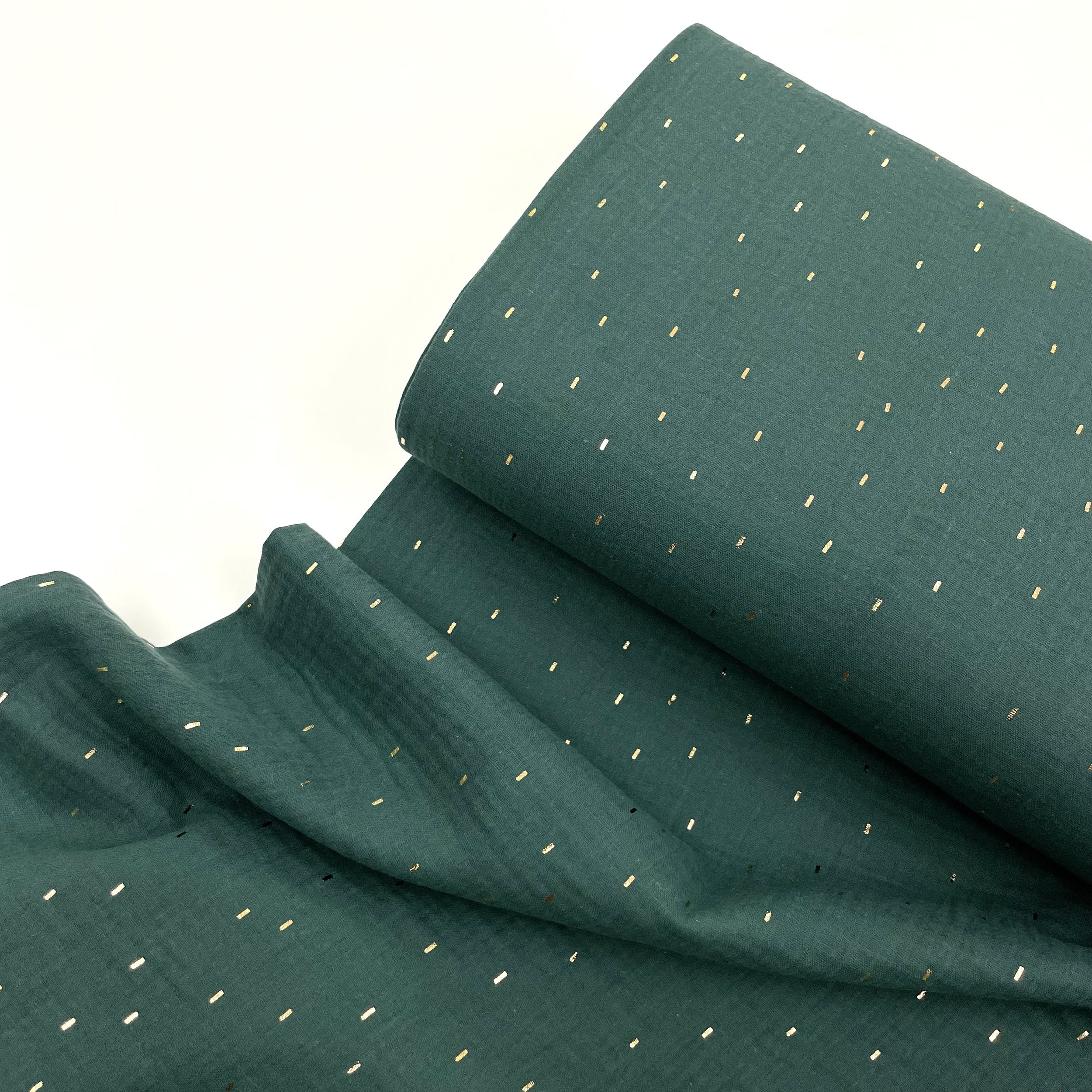 Hey Sew Sister - Sparkle - Gold Foil Sprinkle Printed Cotton Double Gauze Fabric Green Spruce 2.jpeg