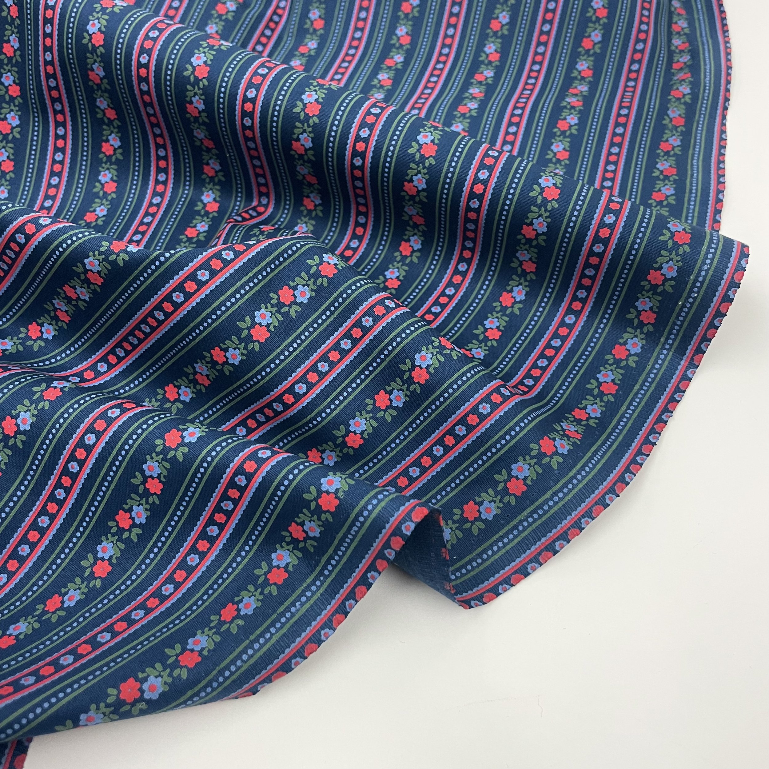 Margot - Wallpaper Floral Stripe Print Cotton Poplin Fabric - Navy 3.jpeg