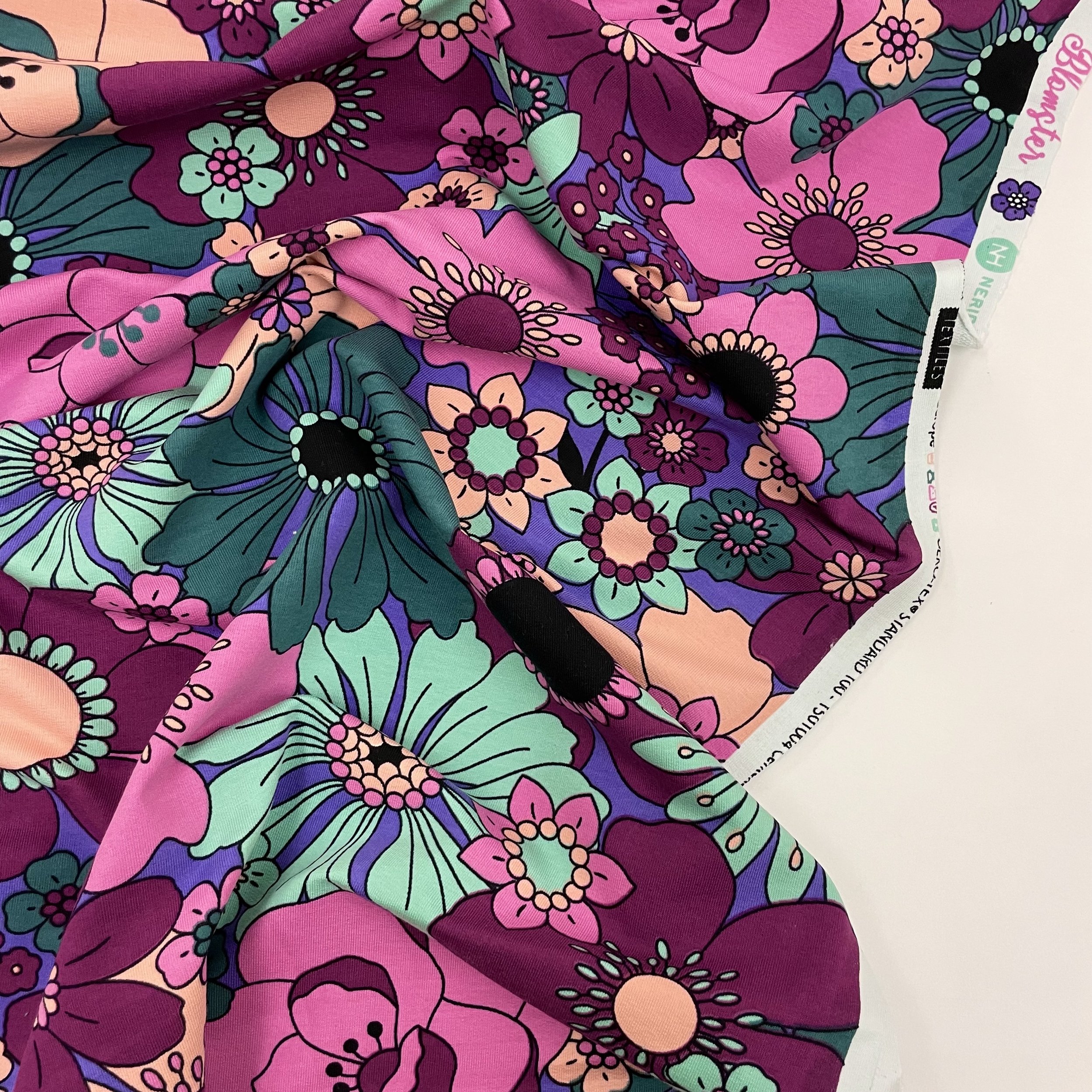 Hey Sew Sister - Nerida Hansen - Blomster - Floral Print Cotton French Terry Fabric - Puple Pink Teal 2.jpeg