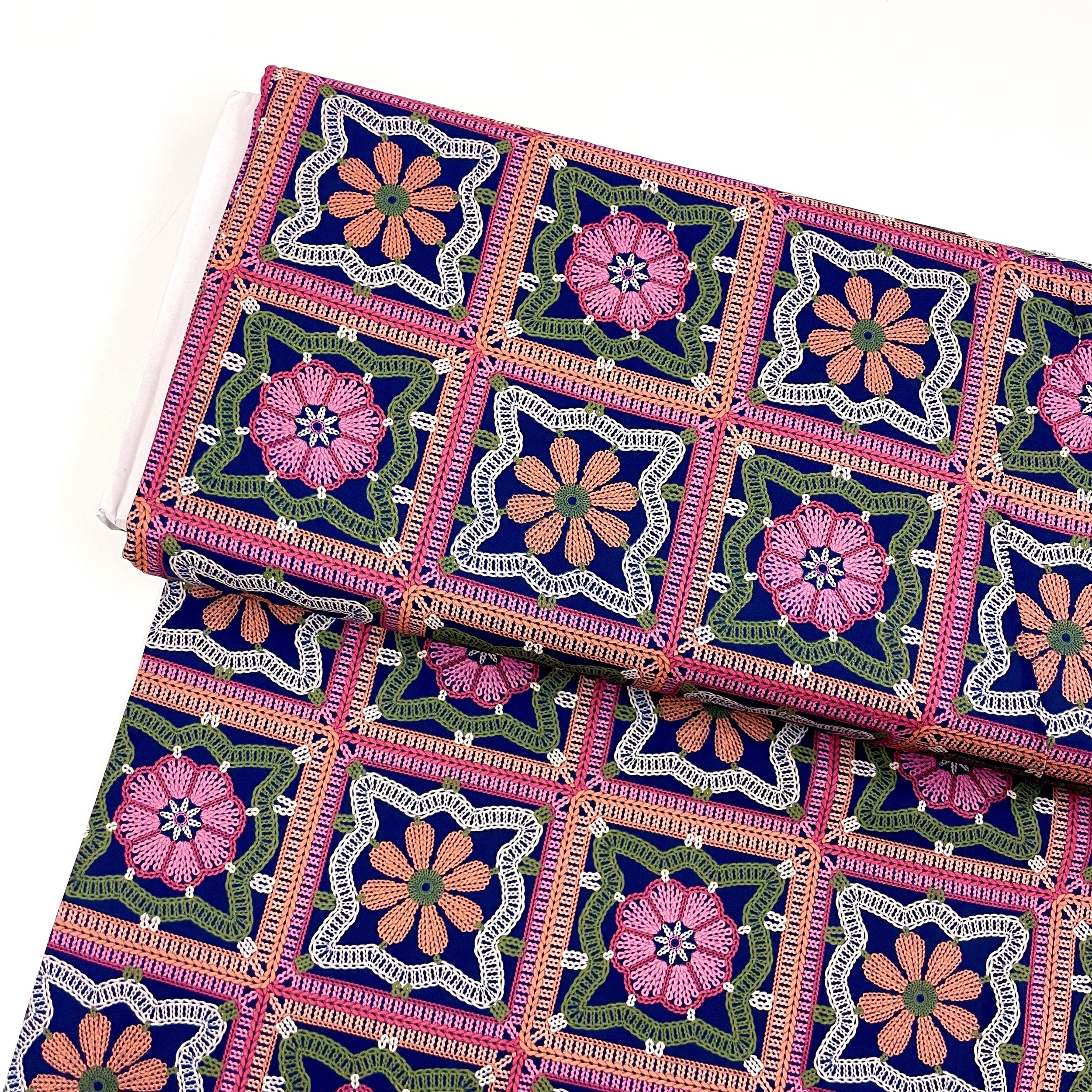Hey Sew Sister - The Crafty Pie Autumn Winter Collection - Crochet Granny Square Print Cotton Viscose Fabric - Vintage Crochet Print fabric - Navy 1.jpeg