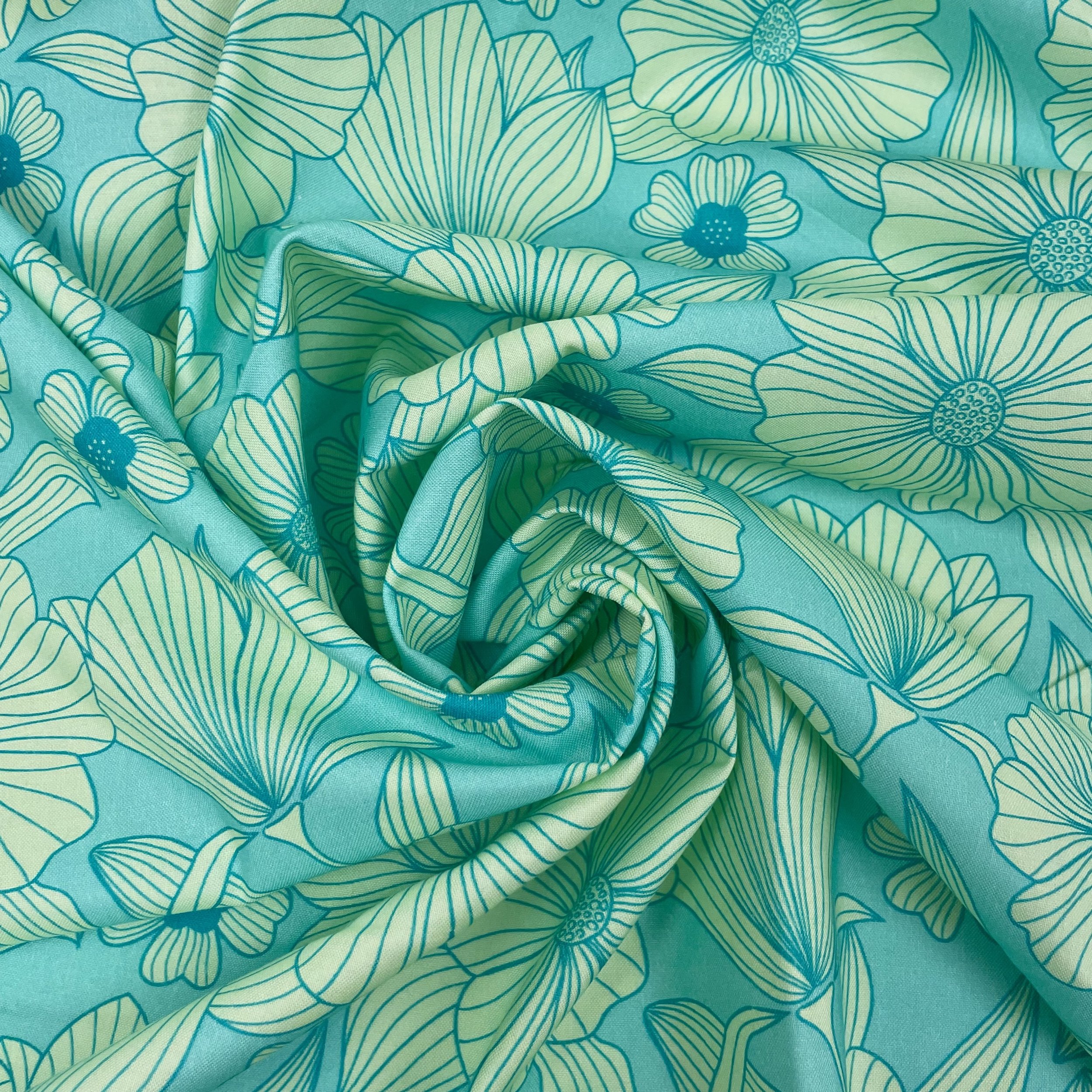 Hey Sew Sister - Crafty Pie - Line Flower (Green) - Cotton Viscose Blend Fabric 3.jpeg