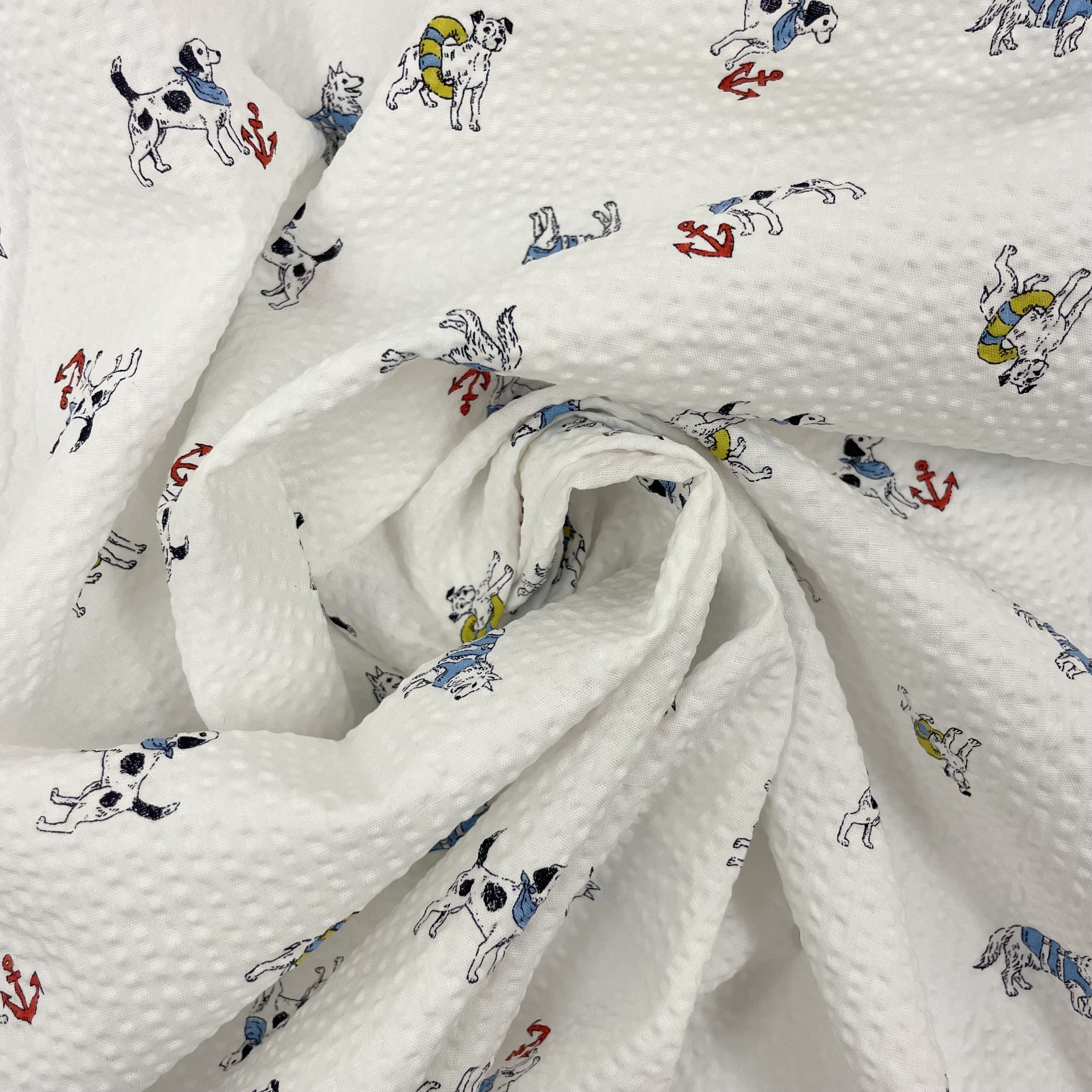 Hey Sew Sister - Sevenberry Japan - Swimming Dogs Cotton Ripple Cloth - Seersucker Fabric - White and Colour 3.jpeg