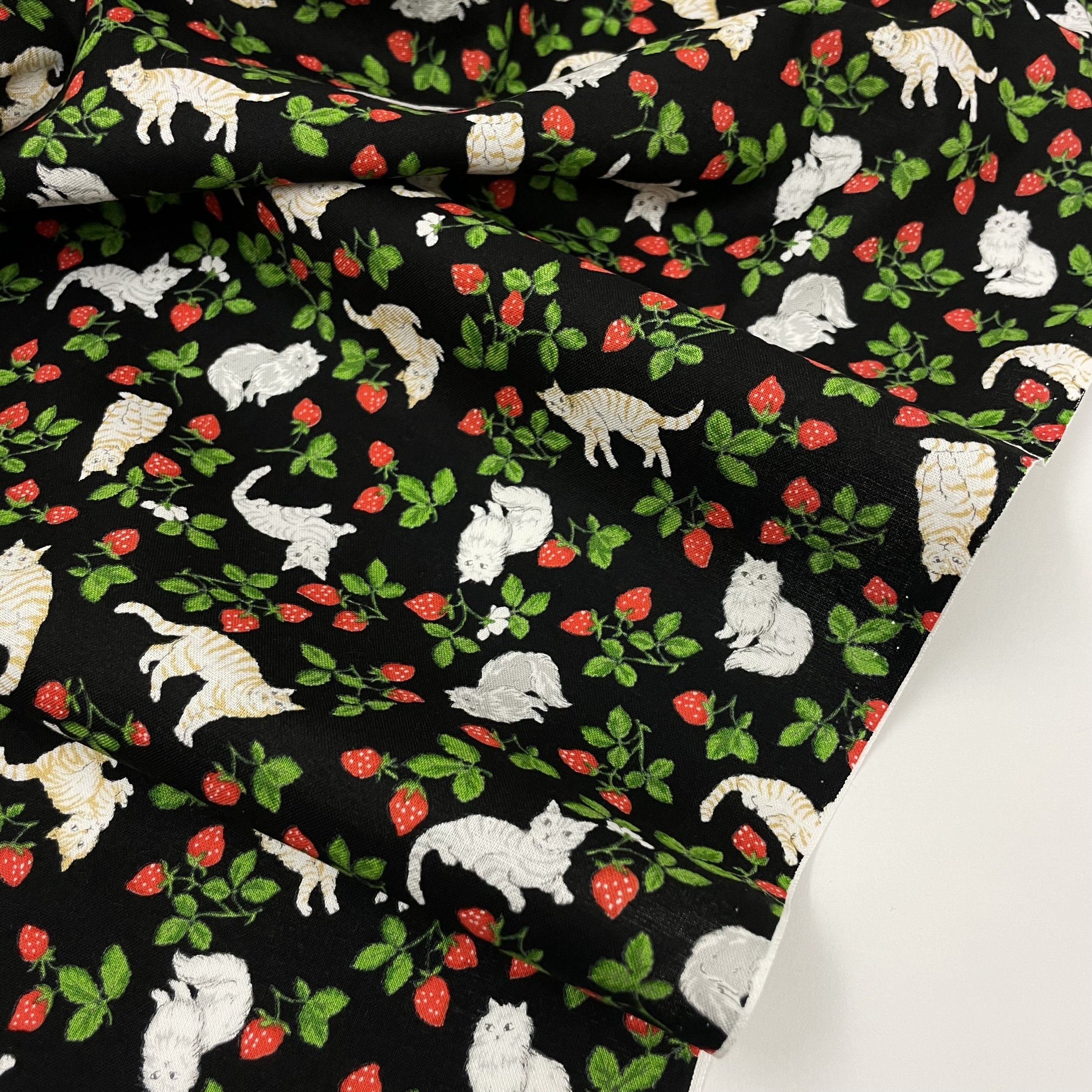 Hey Sew Sister - Strawberry Cats Printed Cotton Fabric - Black 4.jpeg