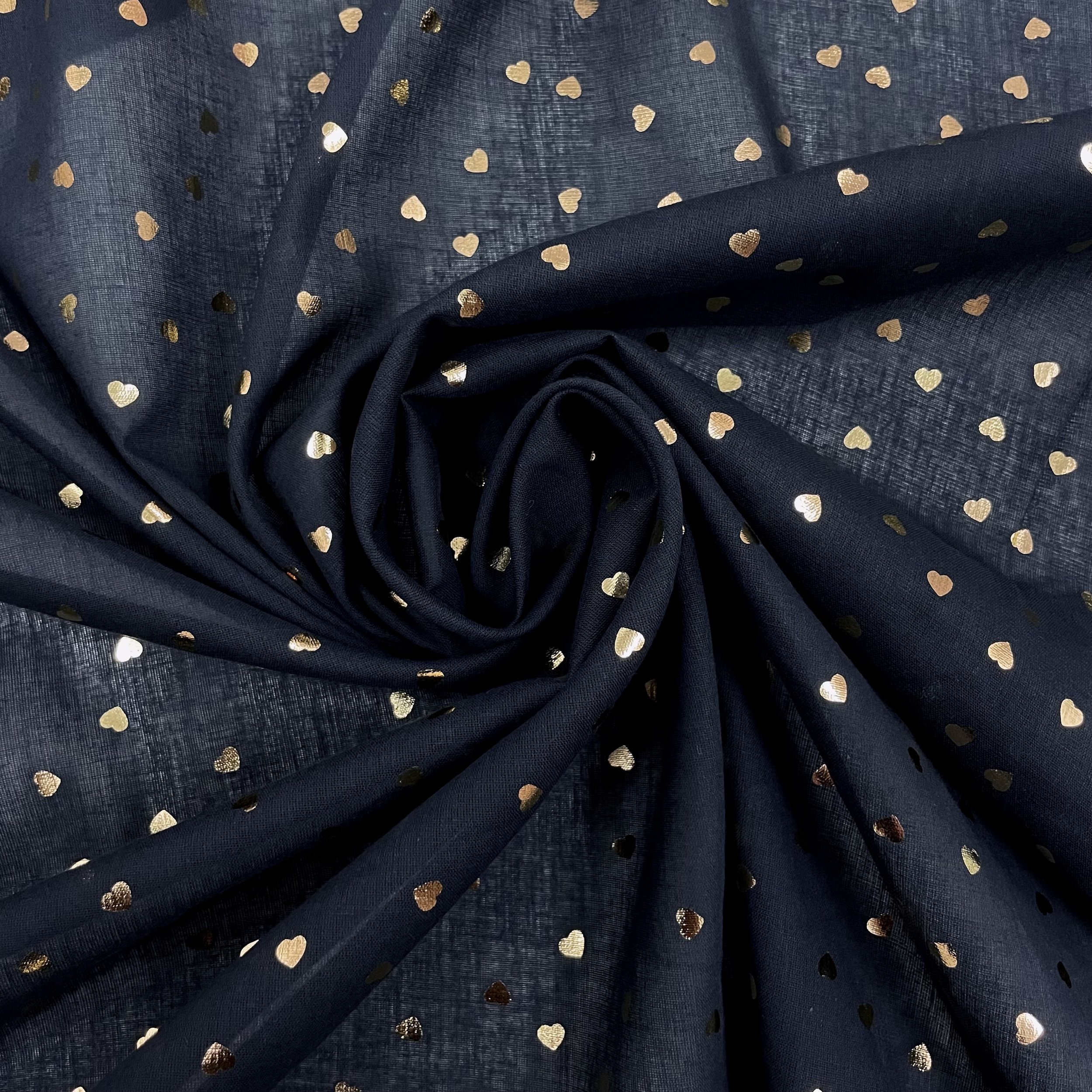 Hey Sew Sister - Nancy - Gold Hear Foil Printed Navy Cotton Voile Fabric 4.jpeg