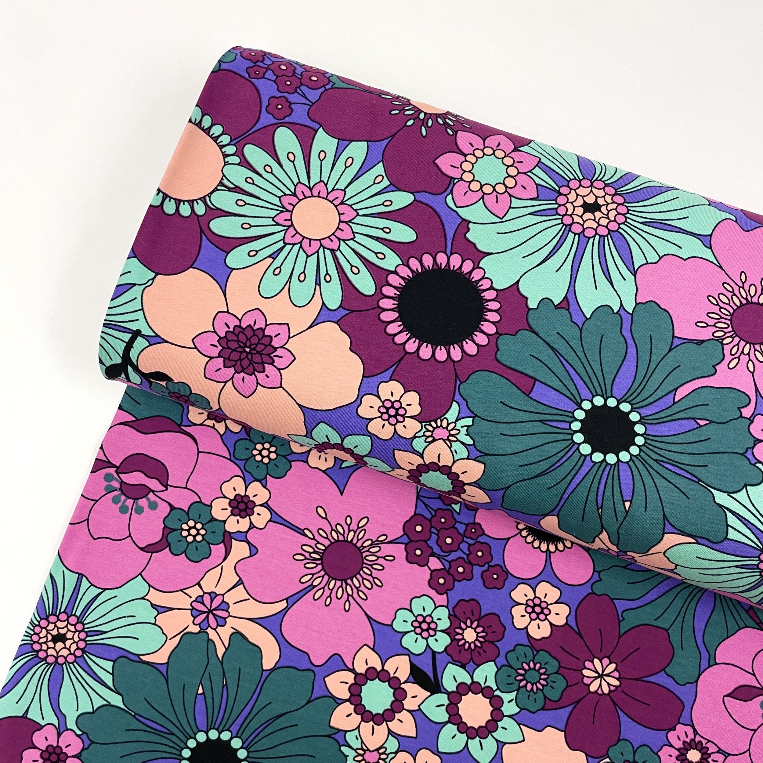 Hey Sew Sister - Nerida Hansen - Blomster - Floral Print Cotton French Terry Fabric - Puple Pink Teal 1.jpeg