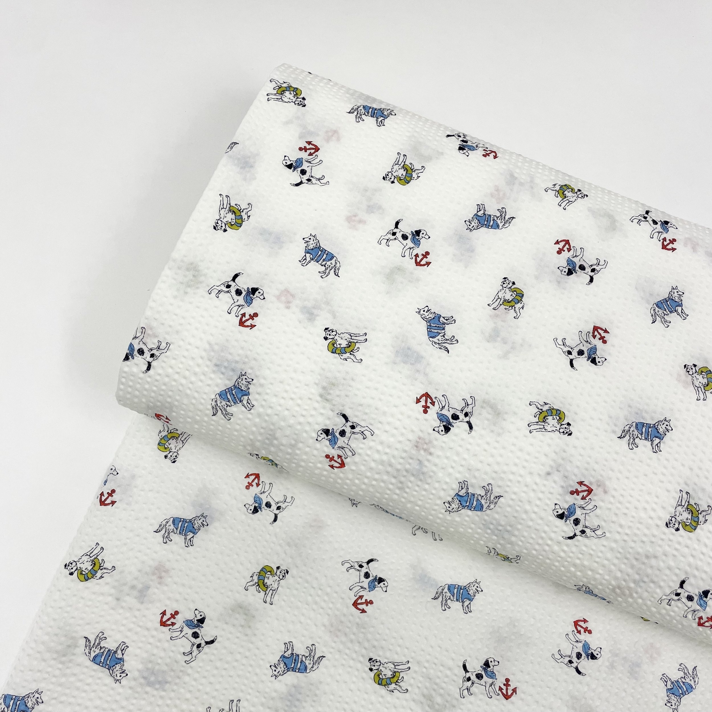 Hey Sew Sister - Sevenberry Japan - Swimming Dogs Cotton Ripple Cloth - Seersucker Fabric - White and Colour 1.jpeg