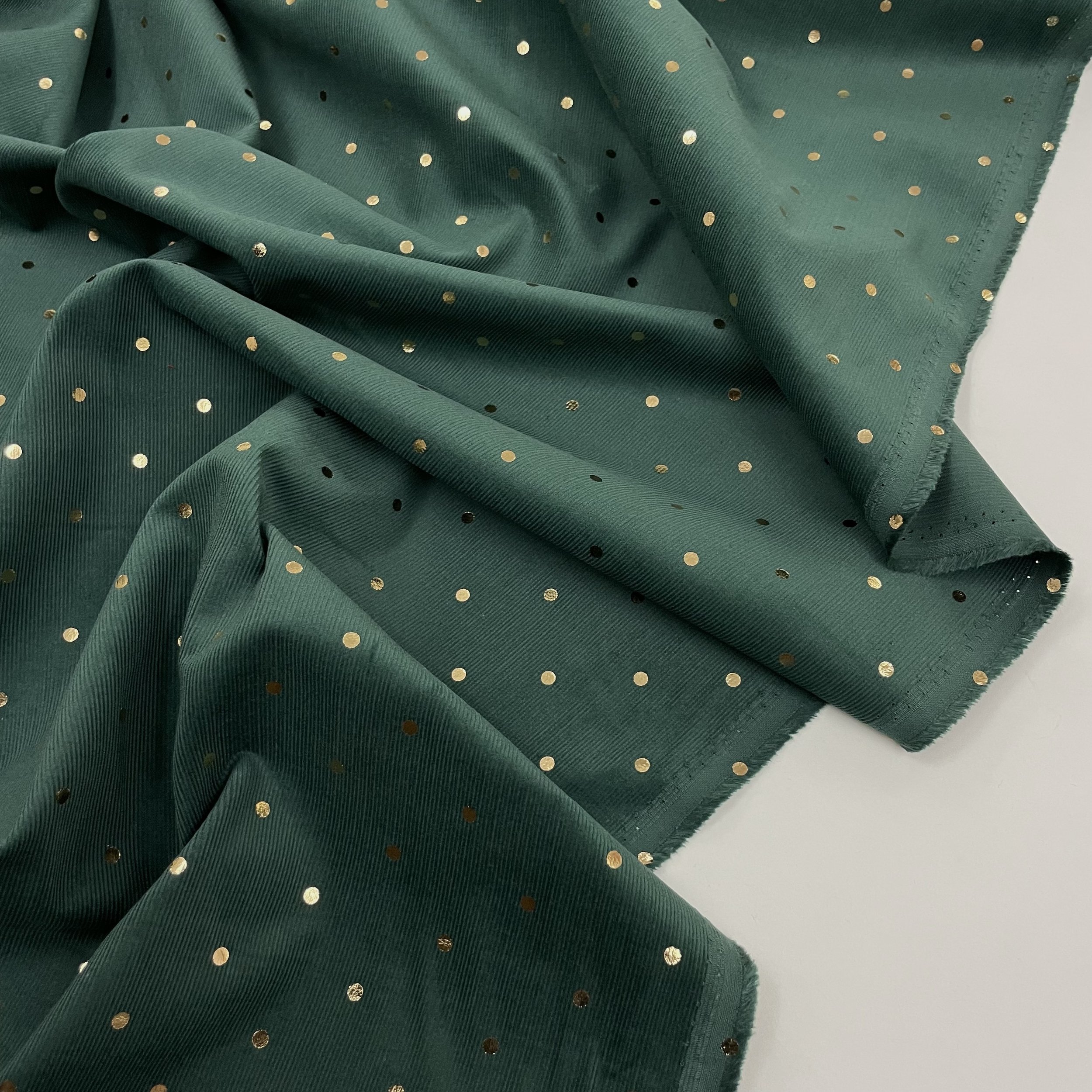 Hey Sew Sister - Elton - Navy Cotton Babycord Corduroy Fabric Printed with Gold Foil Polkadots Spruce Green 2.jpeg
