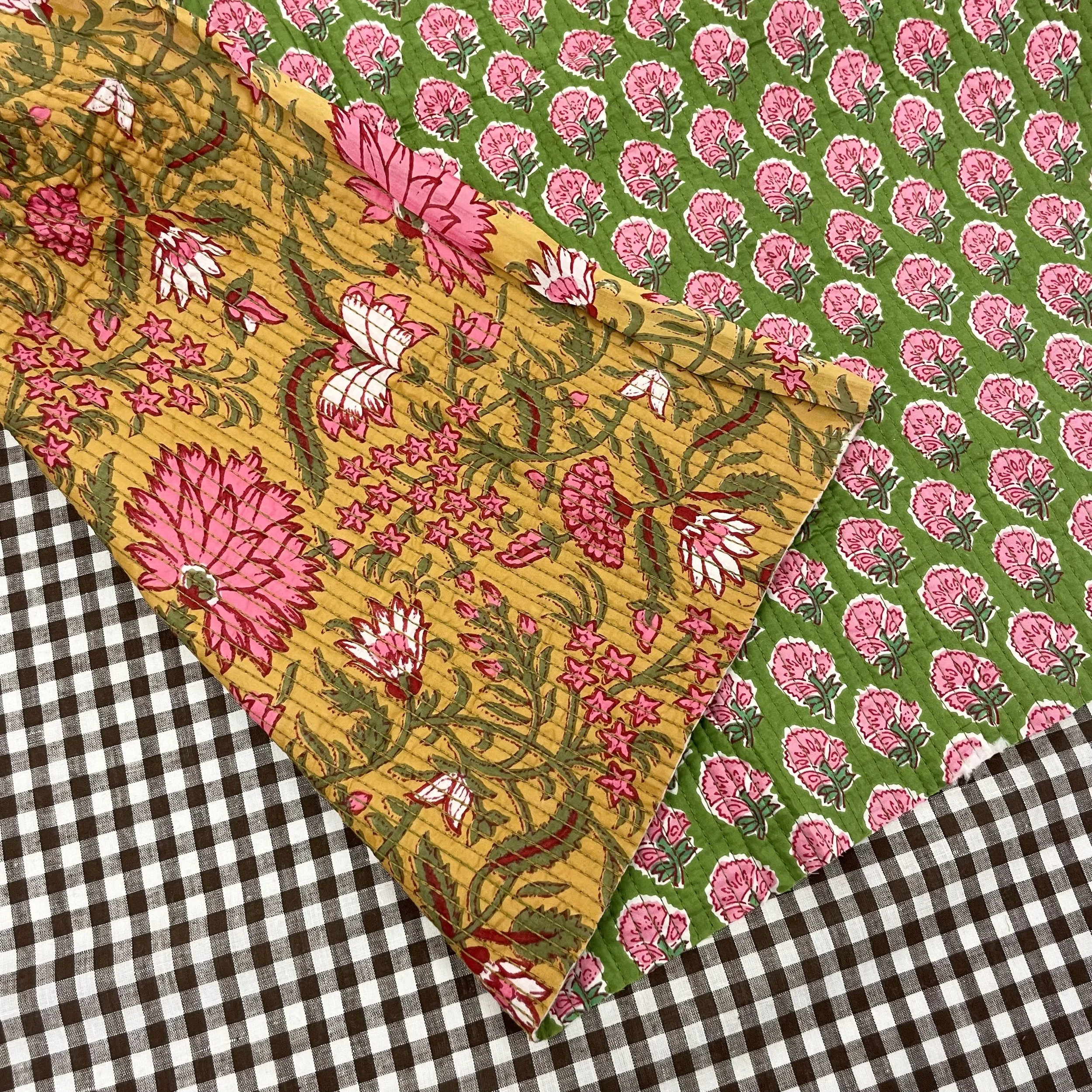 Hey Sew Sister - Double Sided Pre-Quilted Cotton Fabrcs - Block and screen printed Cotton - Saffron Yellow & Forest Green Pink 2.jpeg