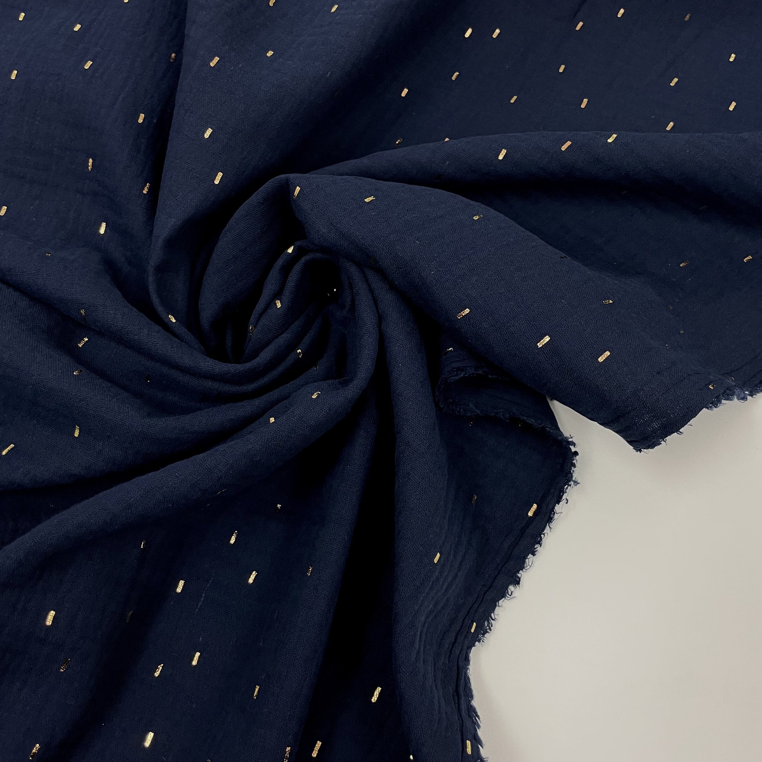 Hey Sew Sister - Sparkle - Gold Foil Sprinkle Printed Cotton Double Gauze Fabric Navy 3.jpeg