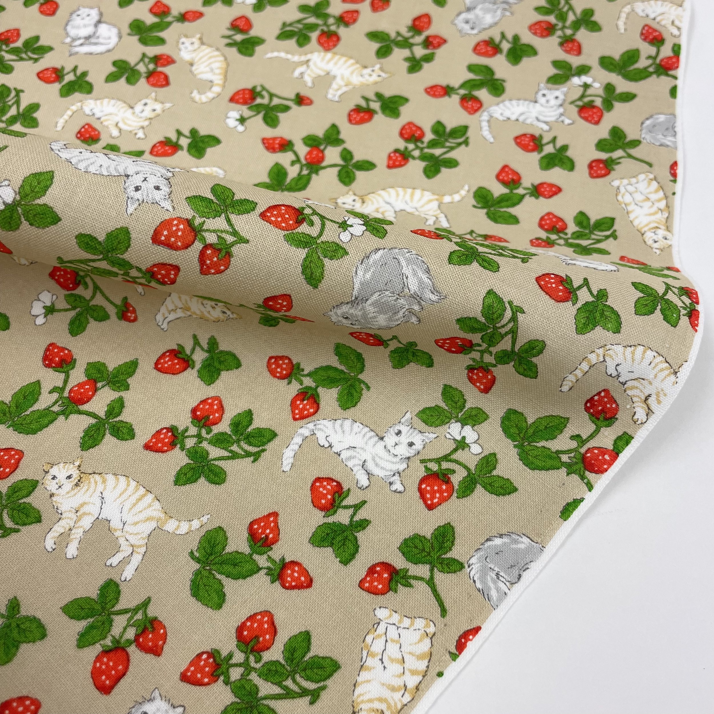 Hey Sew Sister - Strawberry Cats Printed Cotton Fabric - Milk Tea 4.jpeg