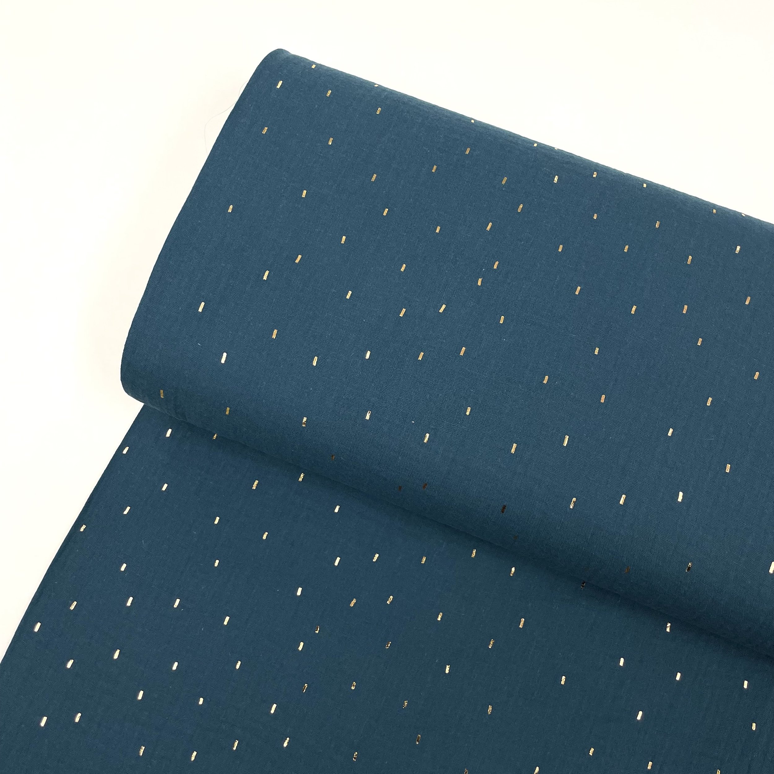Hey Sew Sister - Sparkle - Gold Foil Sprinkle Printed Cotton Double Gauze Fabric Petrol Green 1.jpeg