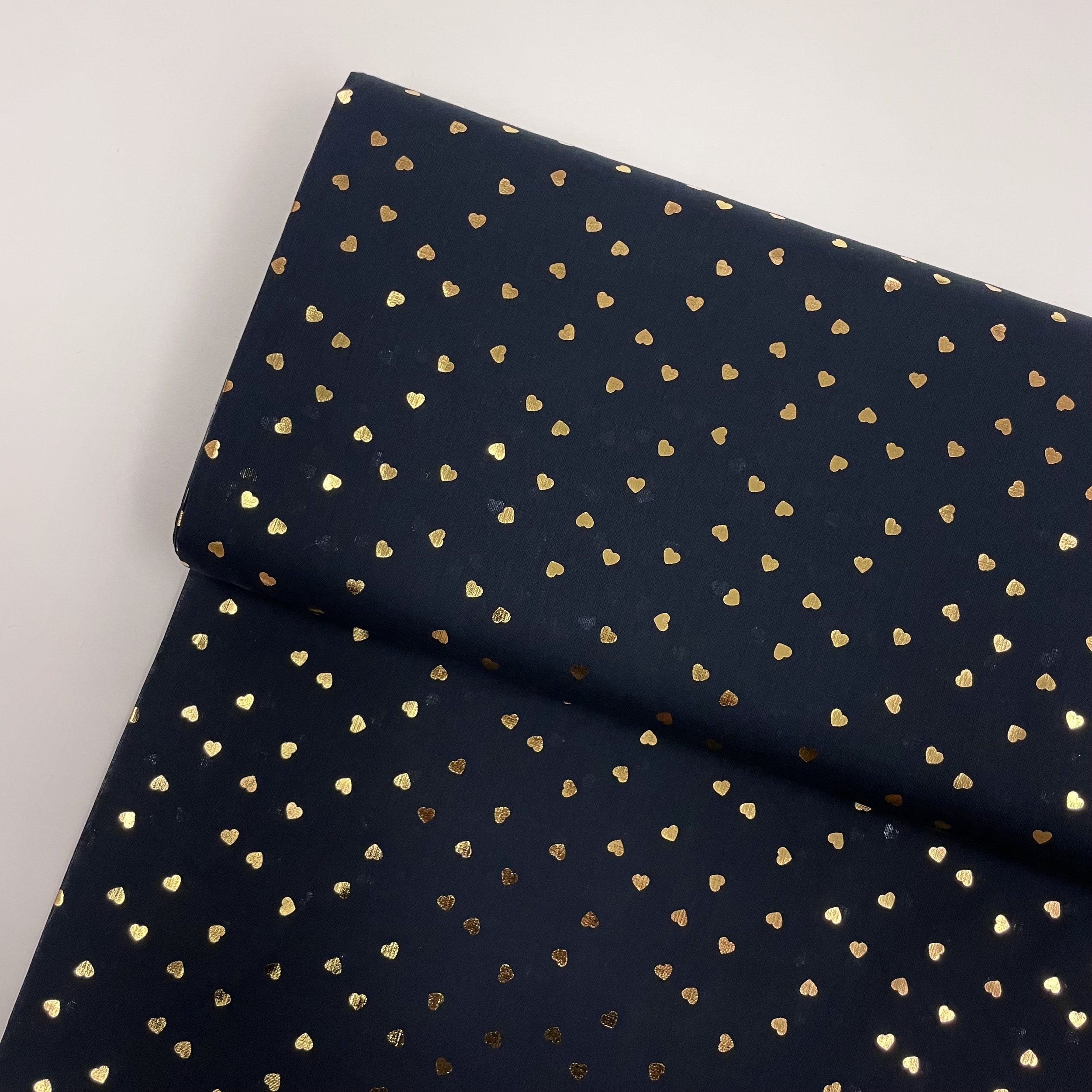 Hey Sew Sister - Nancy - Gold Hear Foil Printed Navy Cotton Voile Fabric 1.jpeg