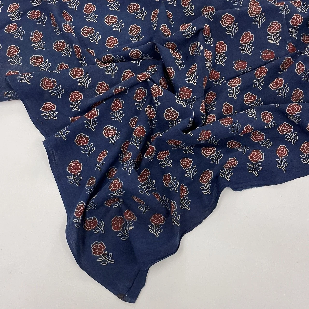 Rose Garden - Ajrakh Block Print - Lightweight Organic Cotton - Indigo & Rose