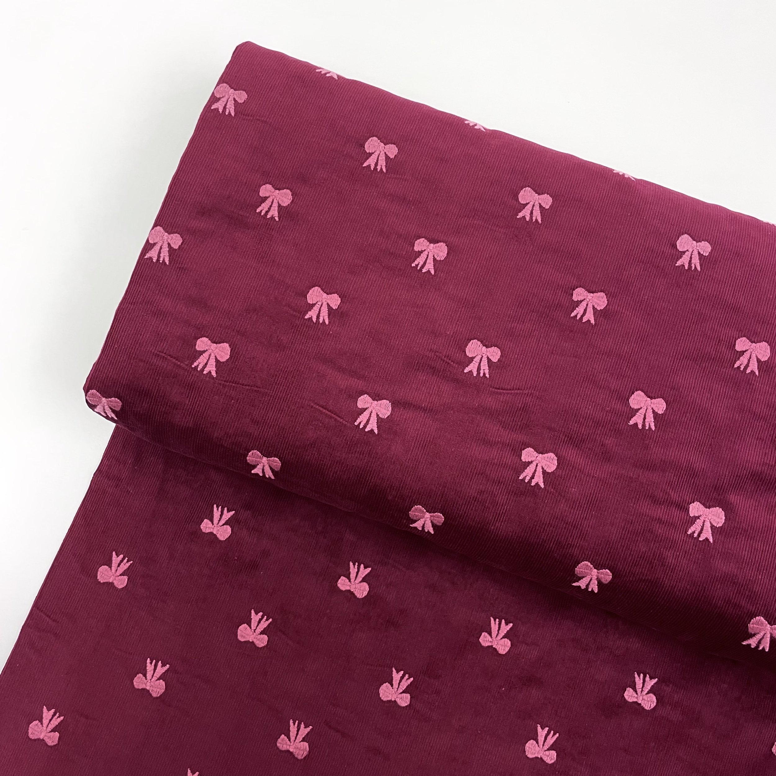Hey Sew Sister - Baby Bow Embroidered Cotton Babycord corduroy Fabric - Bordeaux Red 1.jpeg