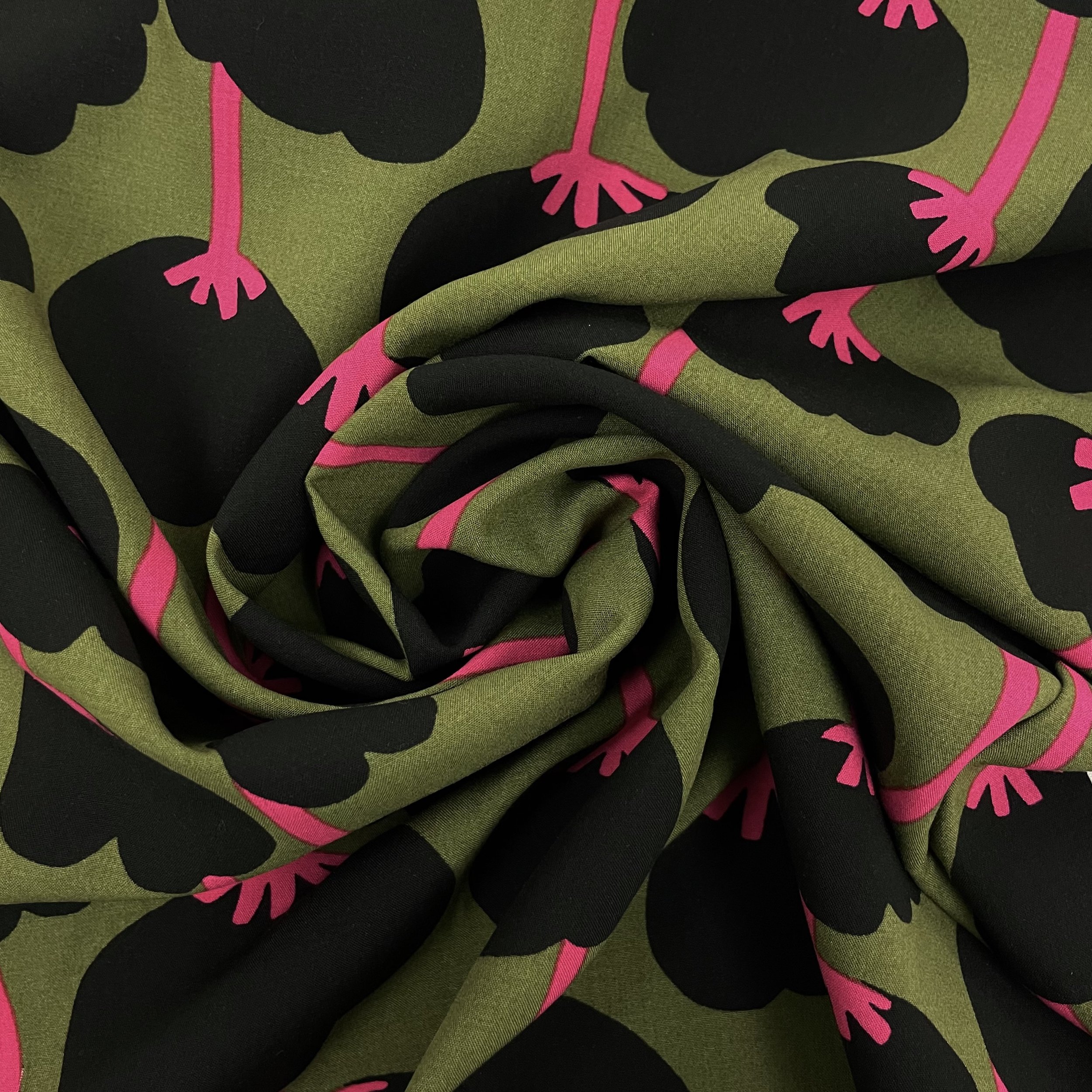 Hey Sew Sister - Nerida Hansen - Poppies - Lenzing EcoVero Viscose Lawn - Moss Green and Black Graphic Floral Print Viscose Fabric 3.jpeg