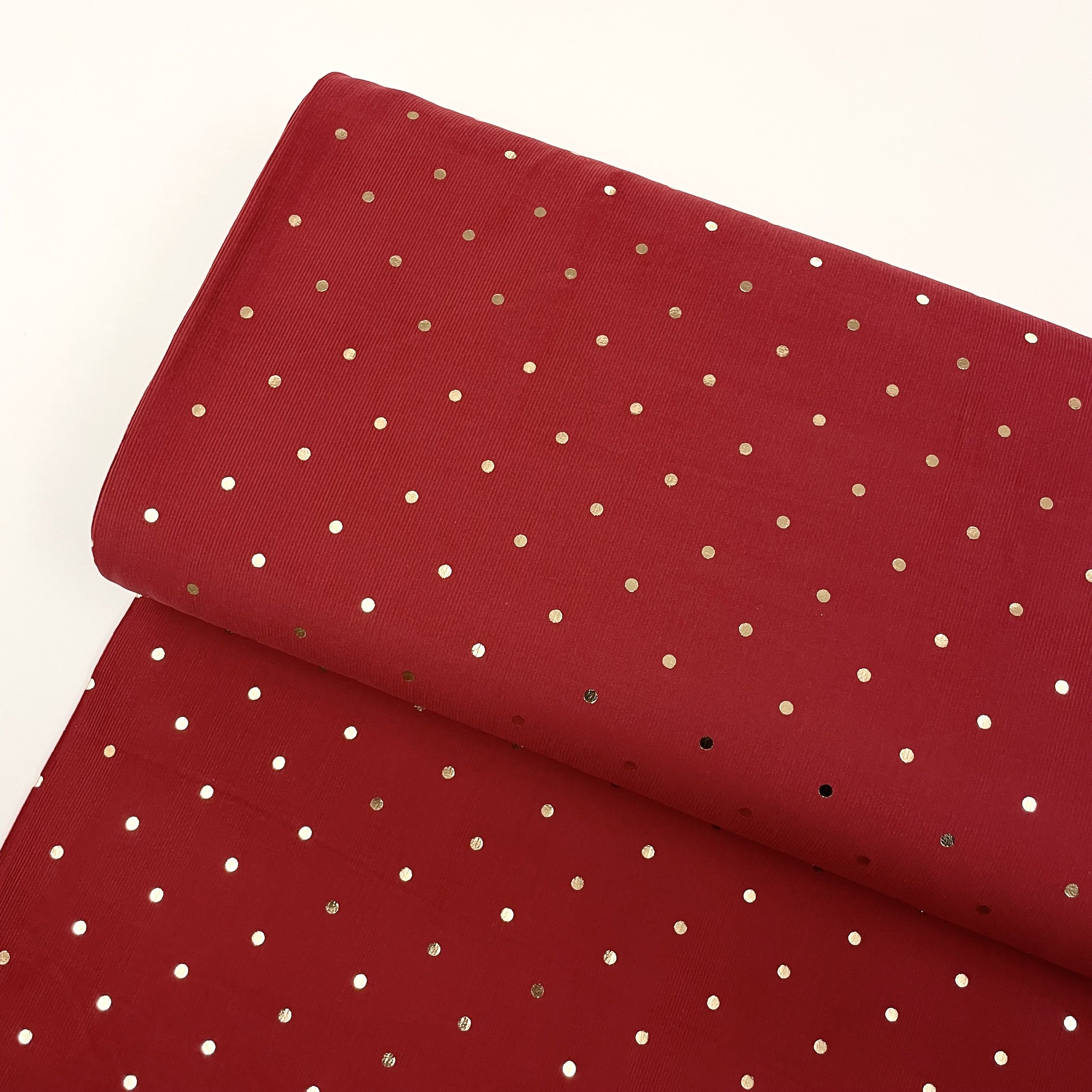 Hey Sew Sister - Elton - Navy Cotton Babycord Corduroy Fabric Printed with Gold Foil Polkadots Holly Berry Red 1.jpeg