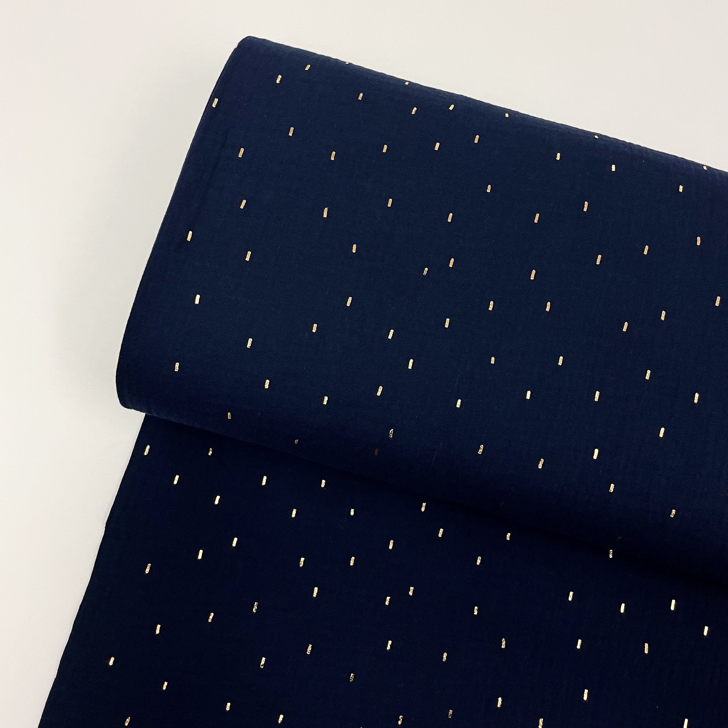 Hey Sew Sister - Sparkle - Gold Foil Sprinkle Printed Cotton Double Gauze Fabric Navy 1.jpeg