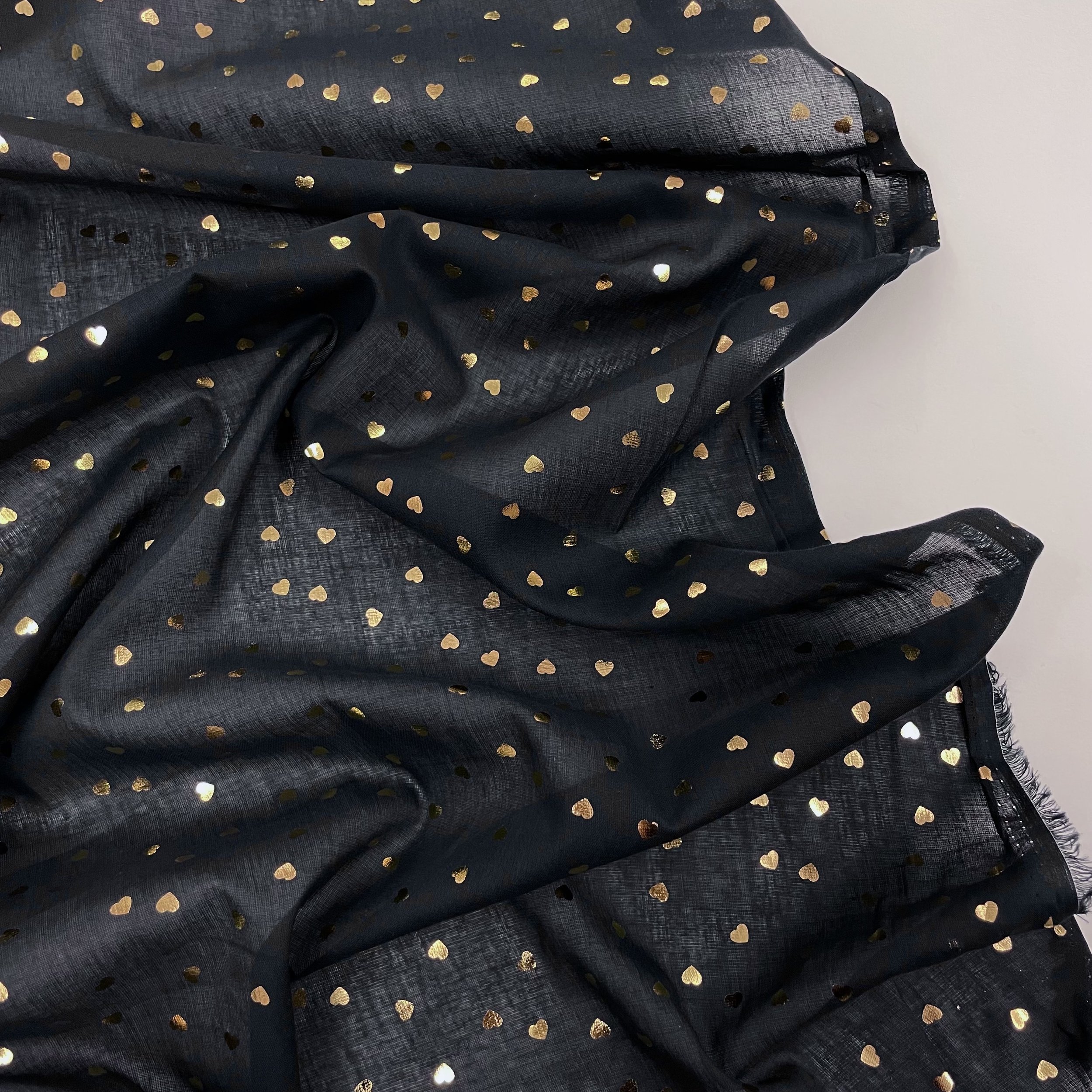 Hey Sew Sister - Nancy - Gold Hear Foil Printed Navy Cotton Voile Fabric 2.jpeg