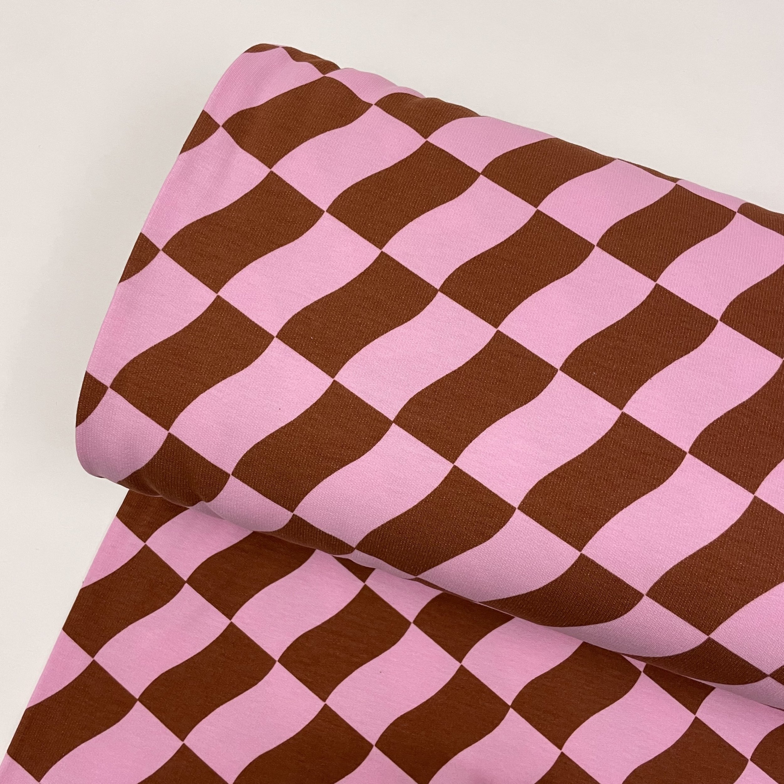 Hey Sew Sister - Squashed Checkerboard Pink and Burnt Orange Cotton Sweatshirting Fabric 1.jpeg