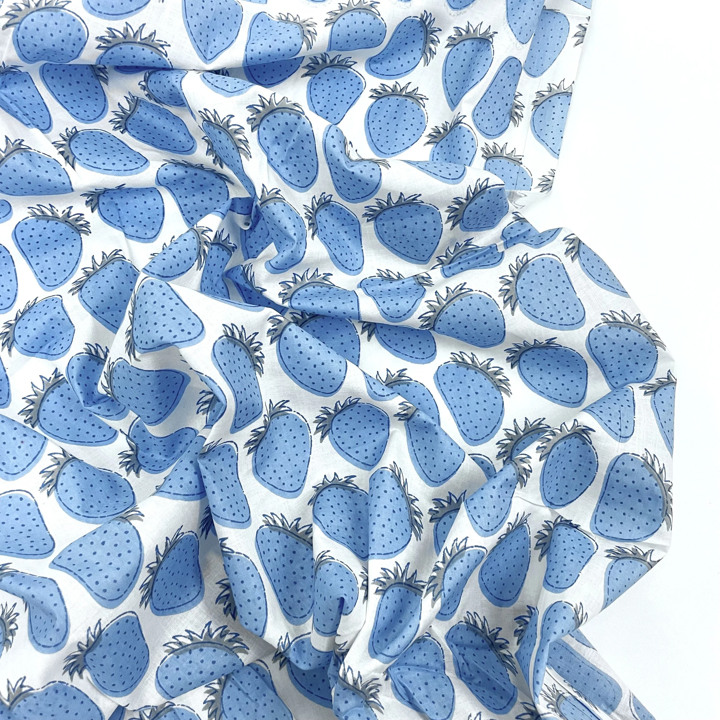 Hey Sew Sister - Silly Strawbs - Indian Screen Printed Cotton Fabric - Blue 1.jpeg