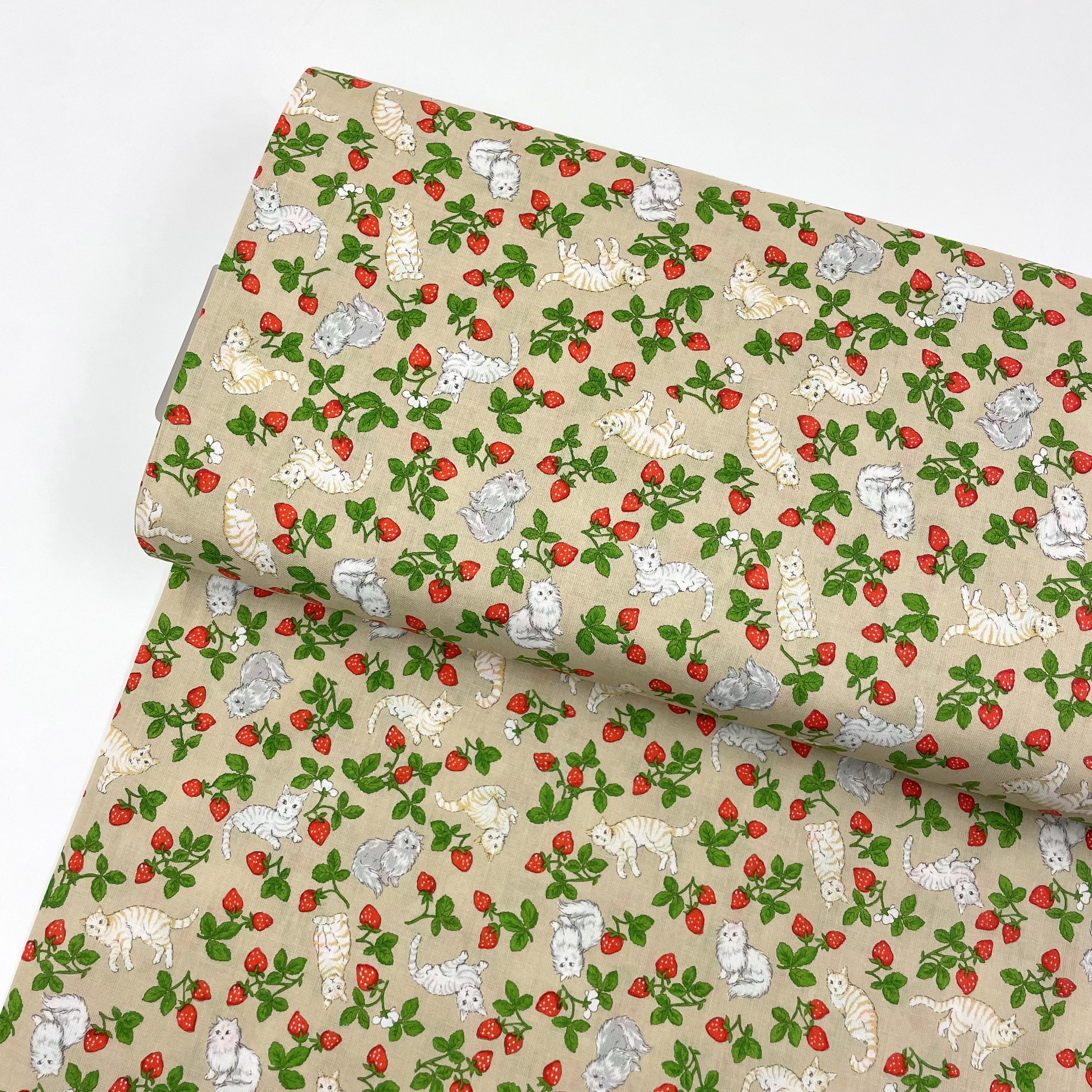 Hey Sew Sister - Strawberry Cats Printed Cotton Fabric - Milk Tea 1.jpeg