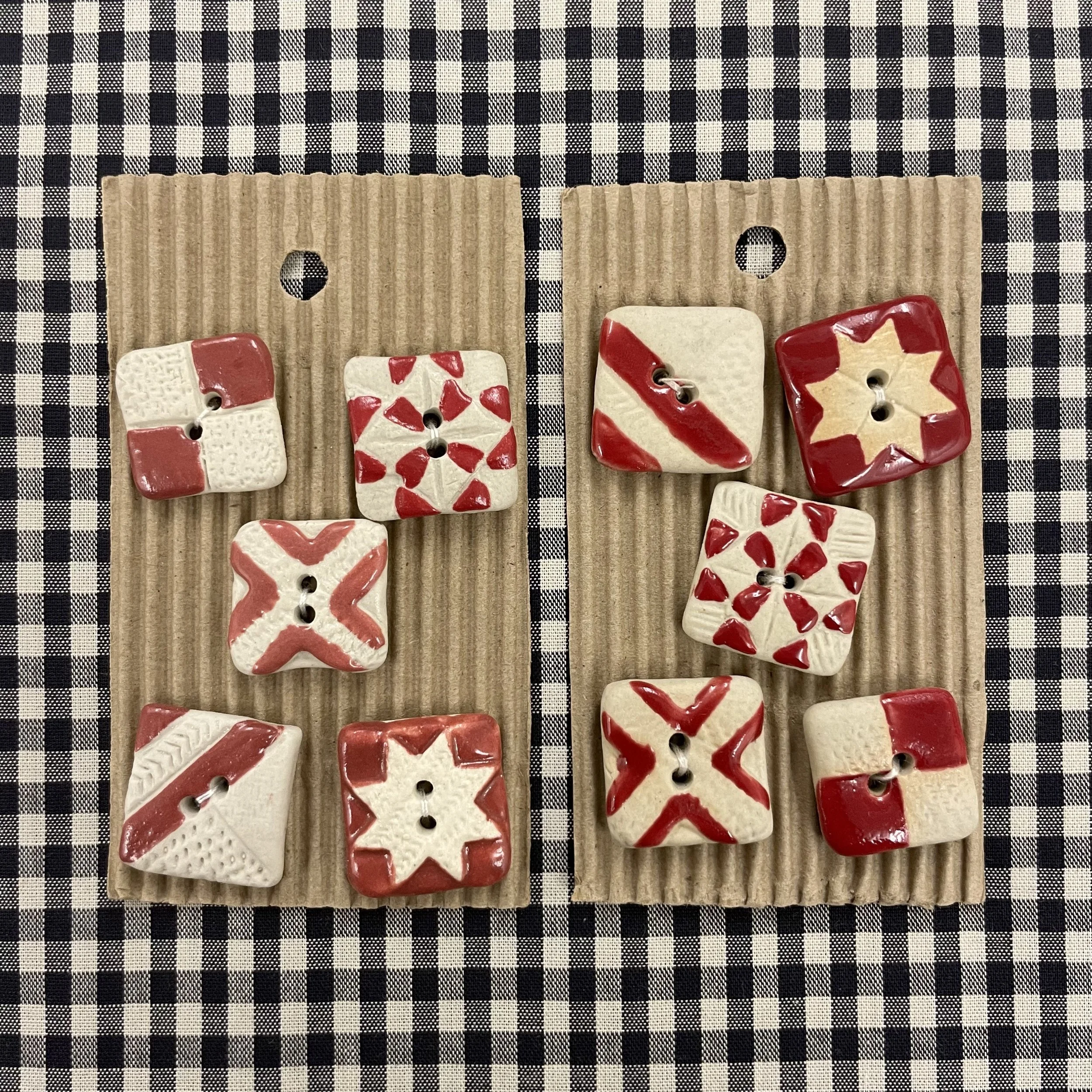 Incomparable Buttons - Hand painted Ceramic Buttons - Quilt Squares (Red)