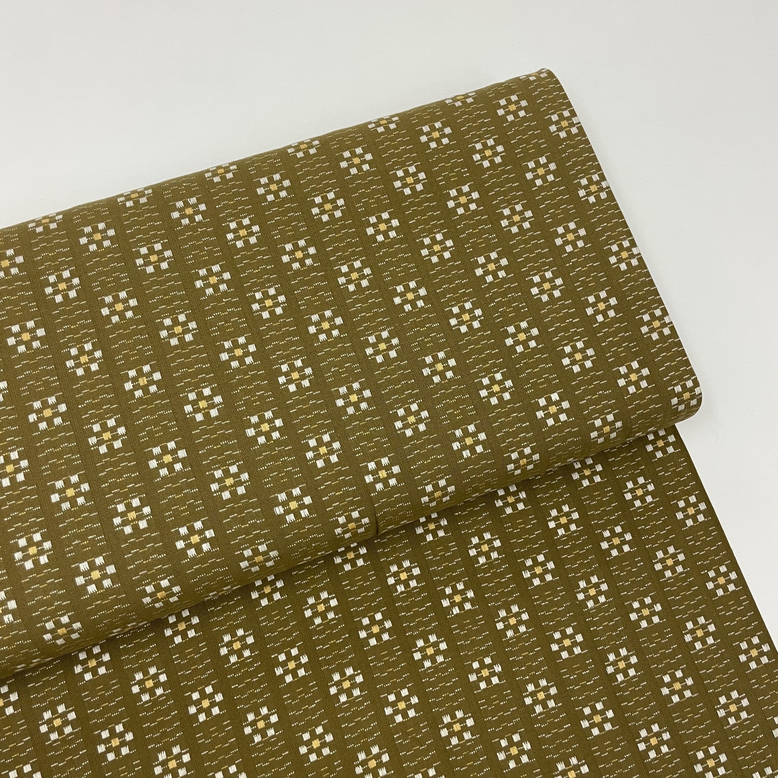 Hey Sew Sister - Fableism Supply Co - Olive Daisy from Swedish Holiday by House that Lars Built - Green Yarn Dyed Daisy Flower Cotton Fabric 1.jpeg