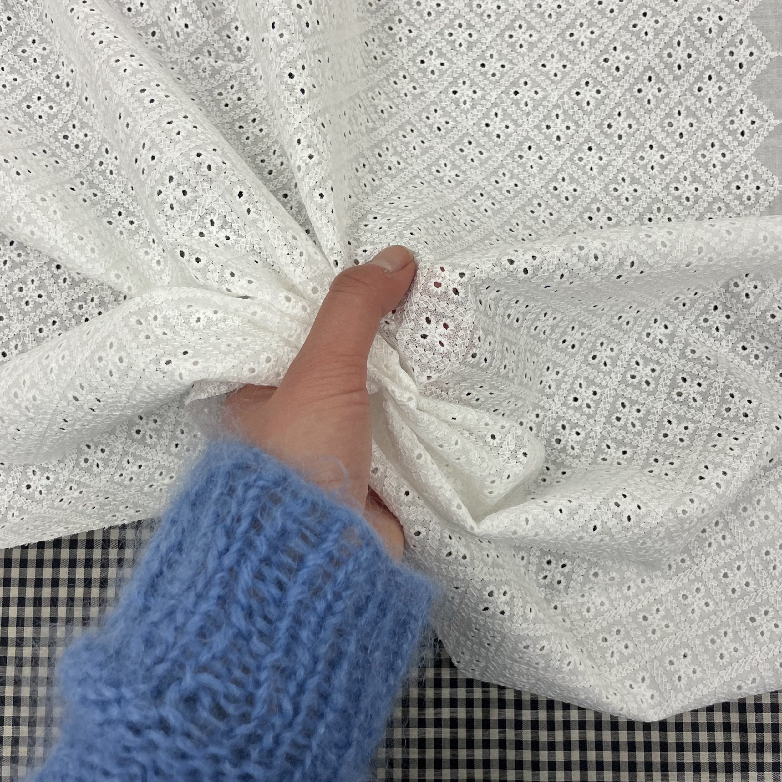Hey Sew SIster - Eyelet Embroidered Cotton Fabric - Tiny Flower Trellis - White 3.jpeg