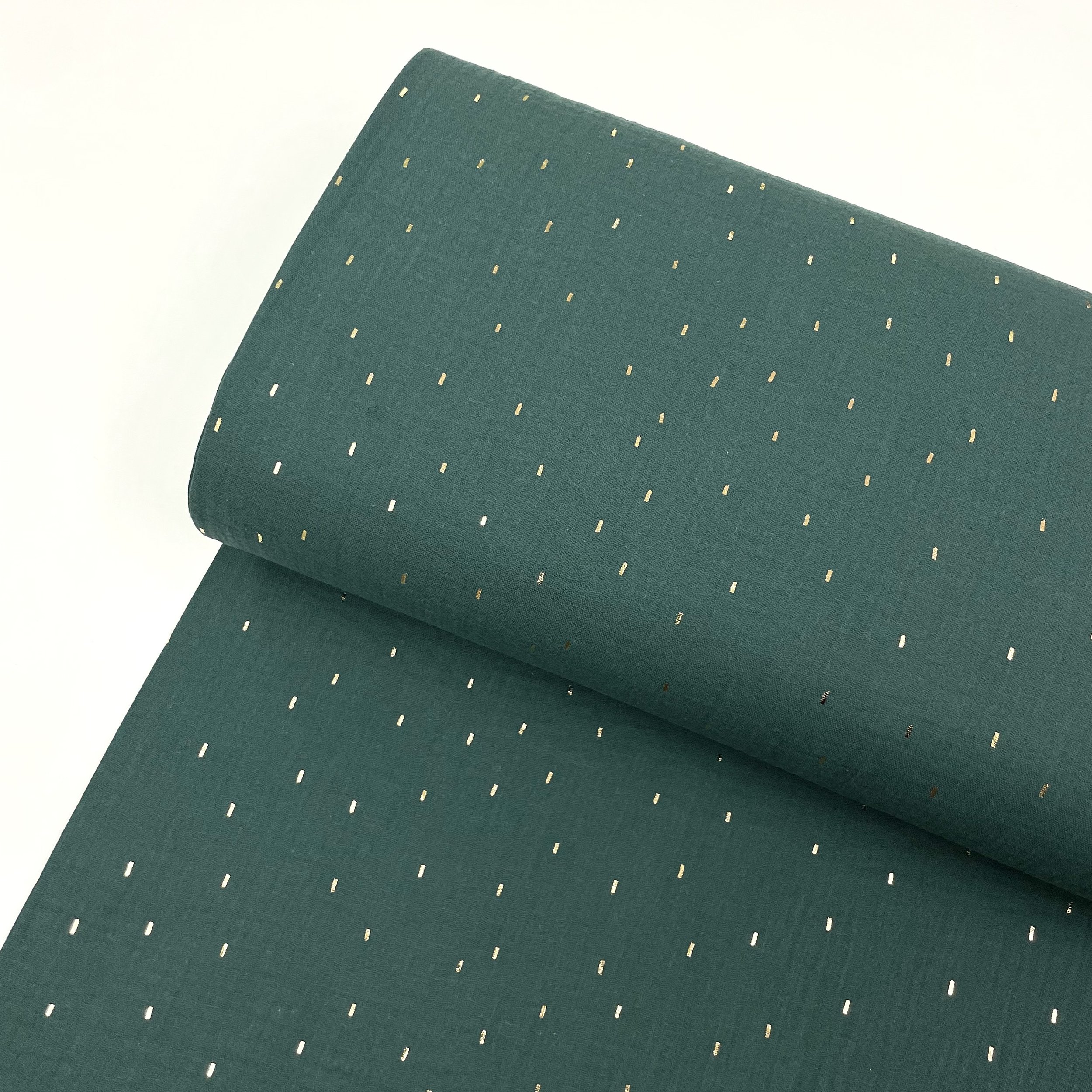Hey Sew Sister - Sparkle - Gold Foil Sprinkle Printed Cotton Double Gauze Fabric Green Spruce 1.jpeg
