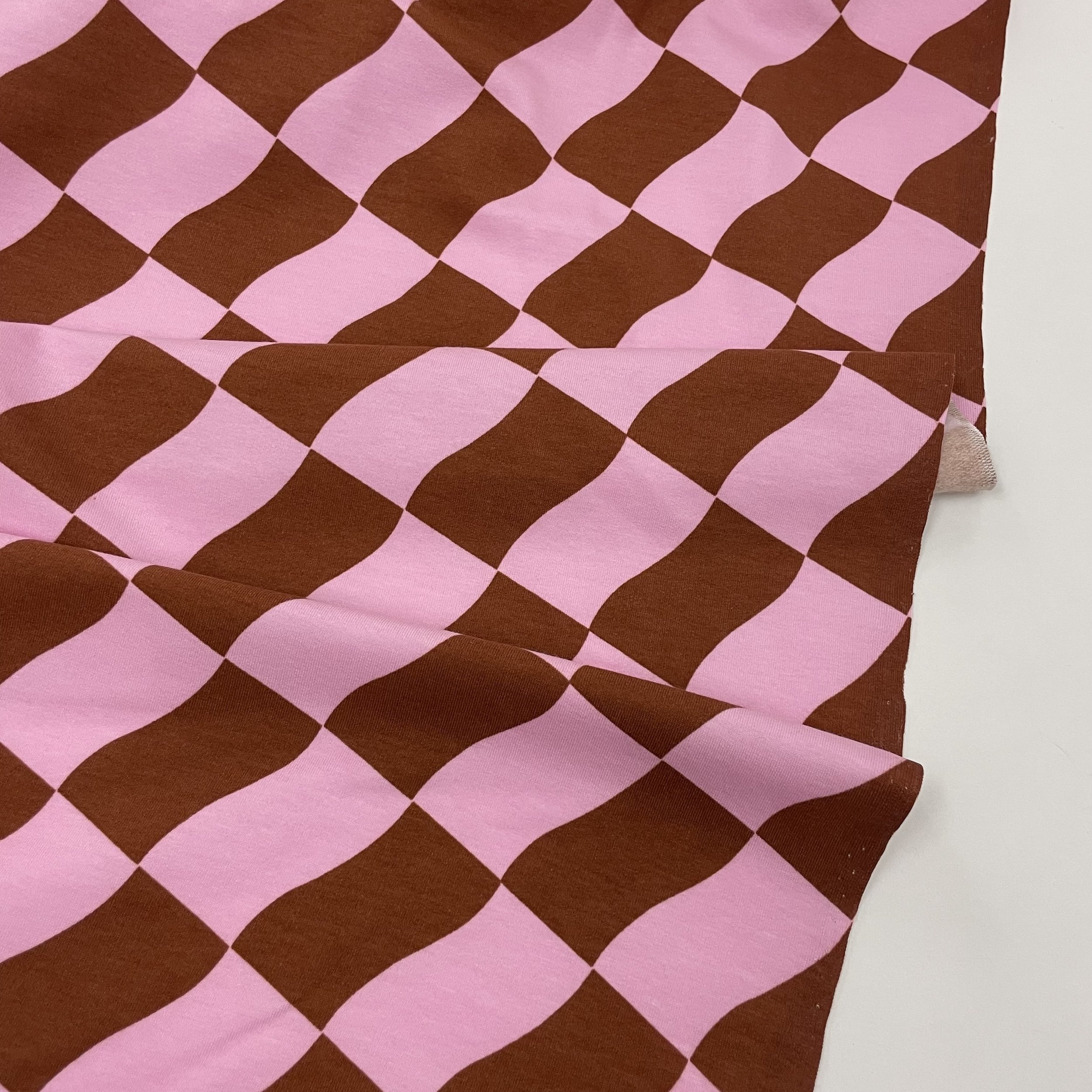 Hey Sew Sister - Squashed Checkerboard Pink and Burnt Orange Cotton Sweatshirting Fabric 2.jpeg