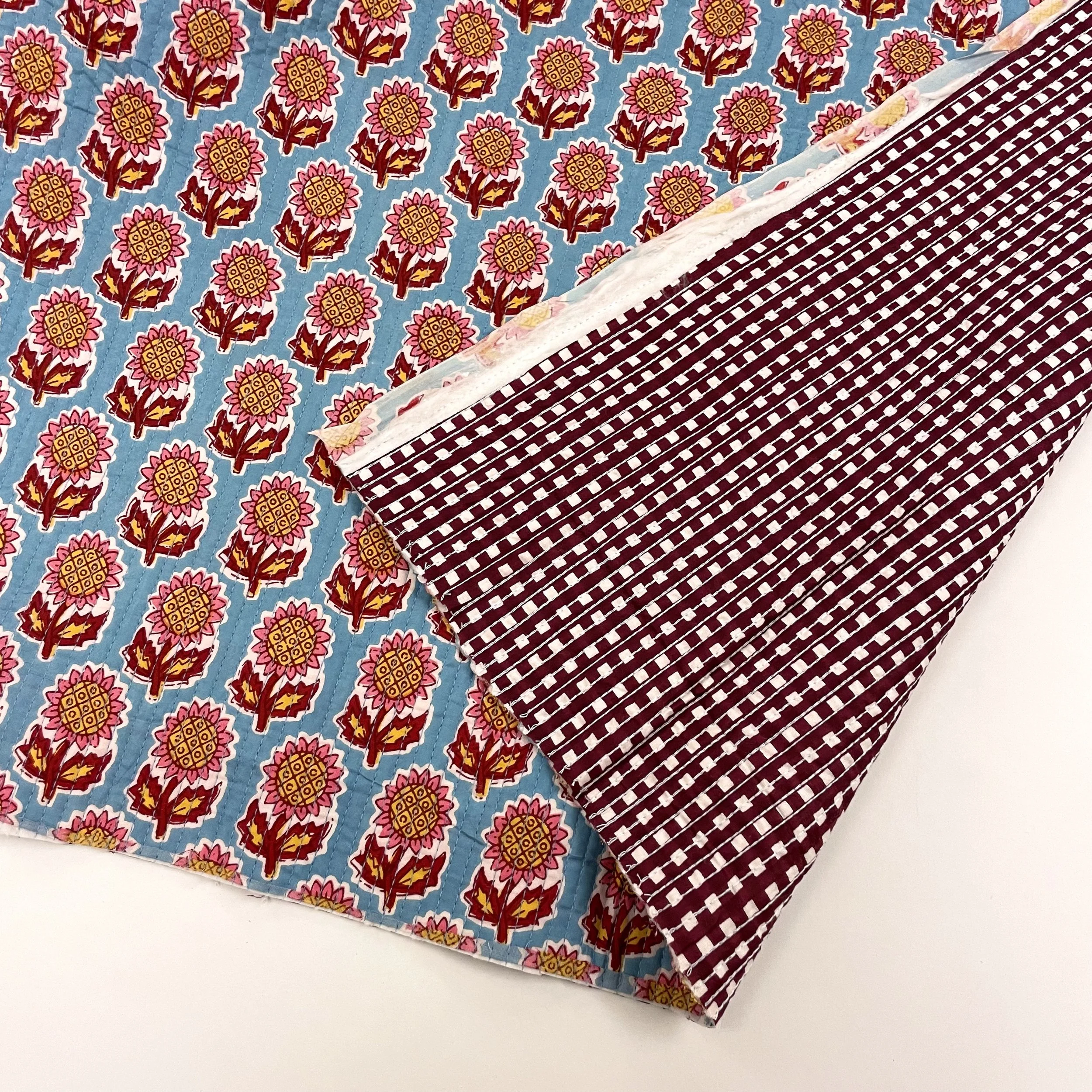 Hey Sew Sister - Indian Pre-Quilted 100% Cotton Fabric - Pink Sunflower Blue and Burgundy Check 2.jpeg