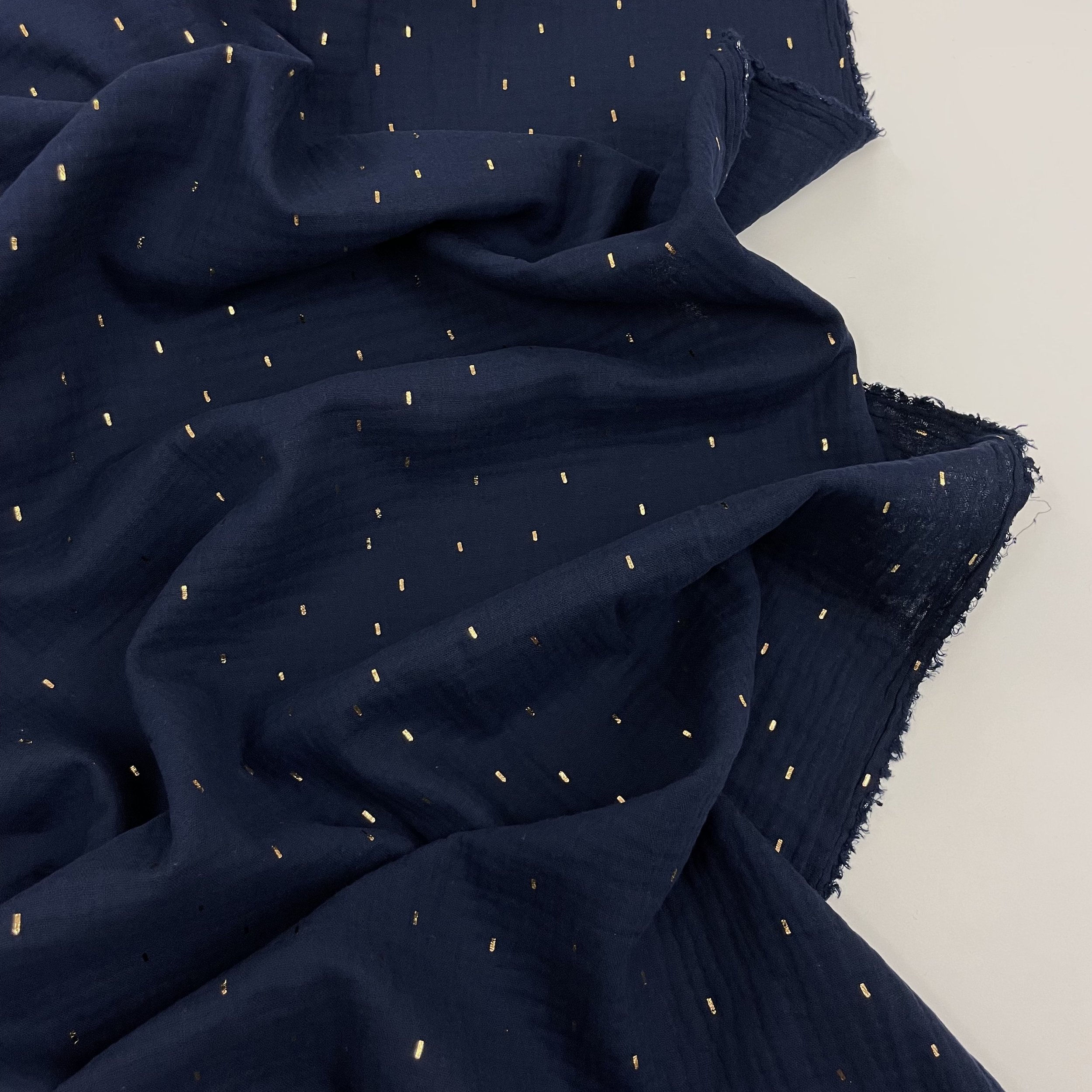 Hey Sew Sister - Sparkle - Gold Foil Sprinkle Printed Cotton Double Gauze Fabric Navy 2.jpeg