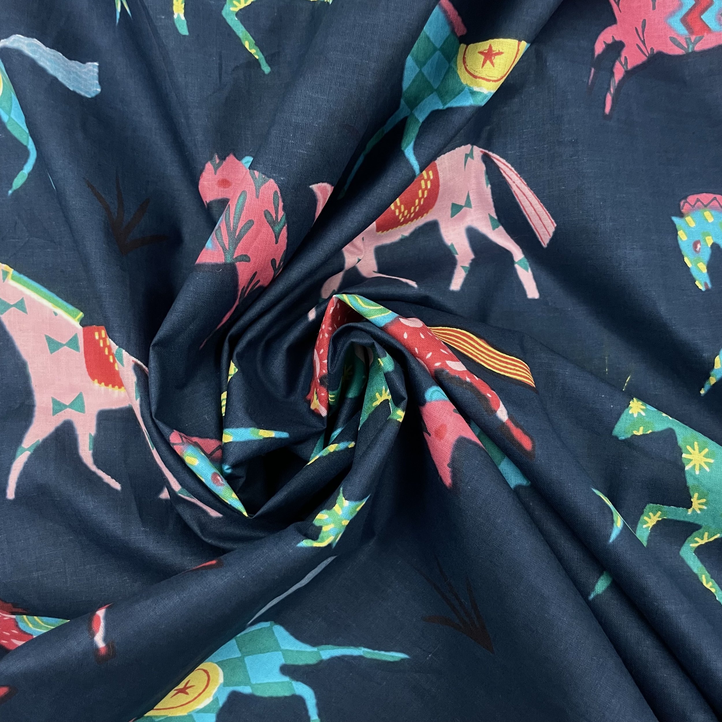 Hey Sew Sister - Year of the Horse - Multicoloured Horse on Navy Background Screen Printed Cotton Fabric 4.jpeg