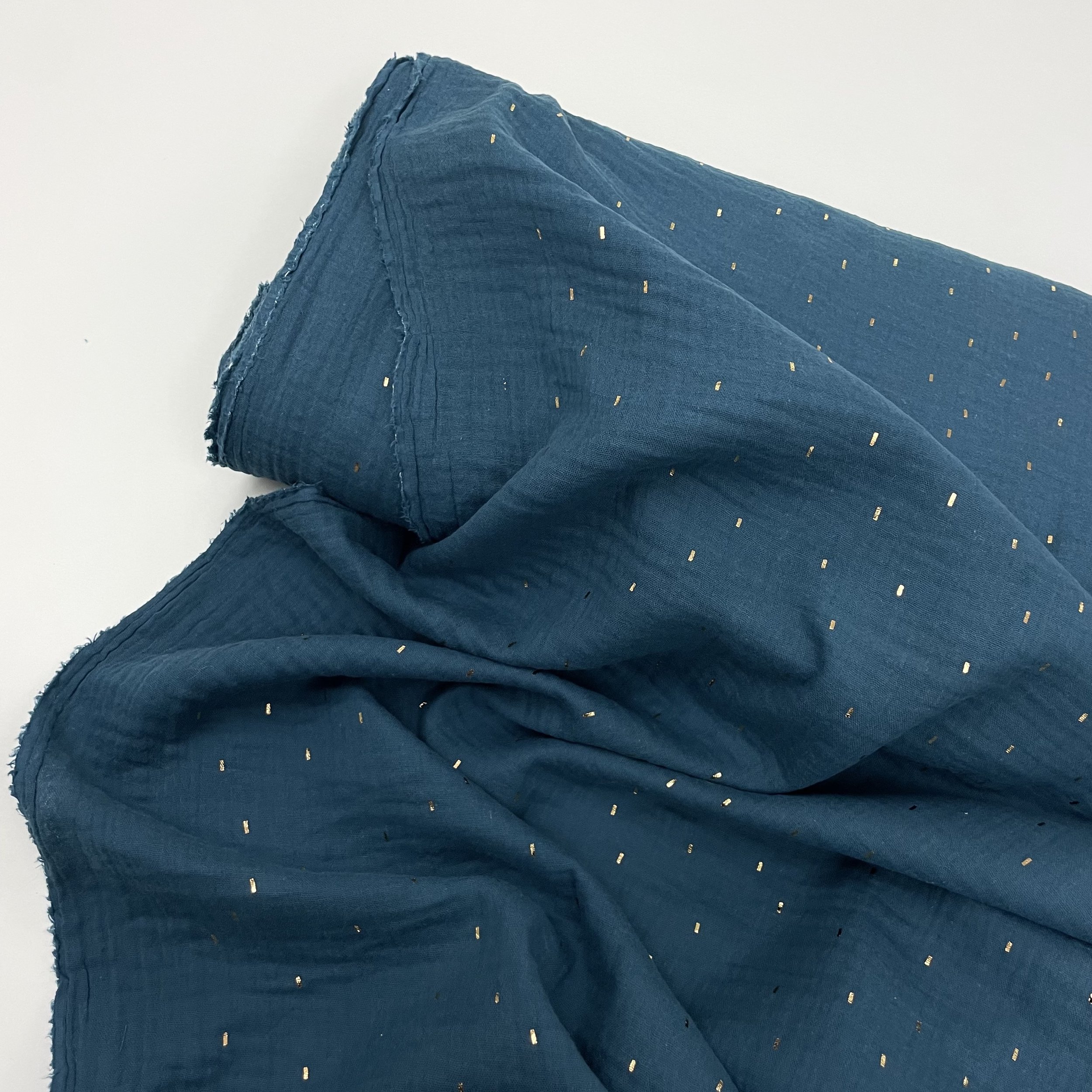 Hey Sew Sister - Sparkle - Gold Foil Sprinkle Printed Cotton Double Gauze Fabric Petrol Green 3.jpeg