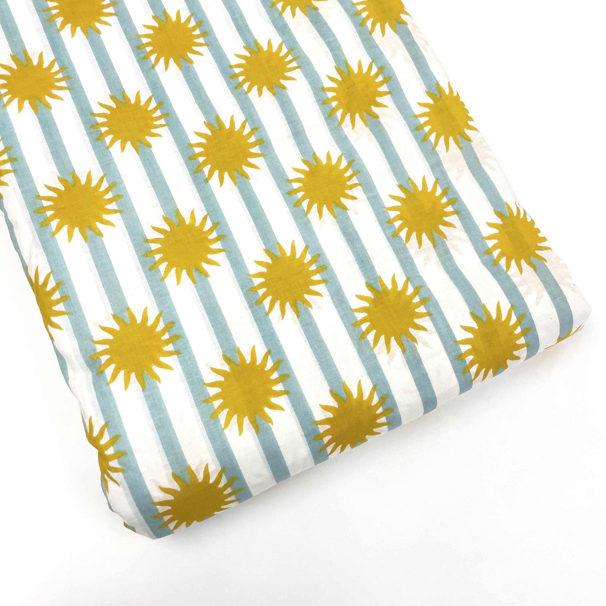 Hey Sew Sister - Hello Sunshine - Golden Yellow Suns and Blue Stripes Cotton Screen Printed Fabric 1.jpeg