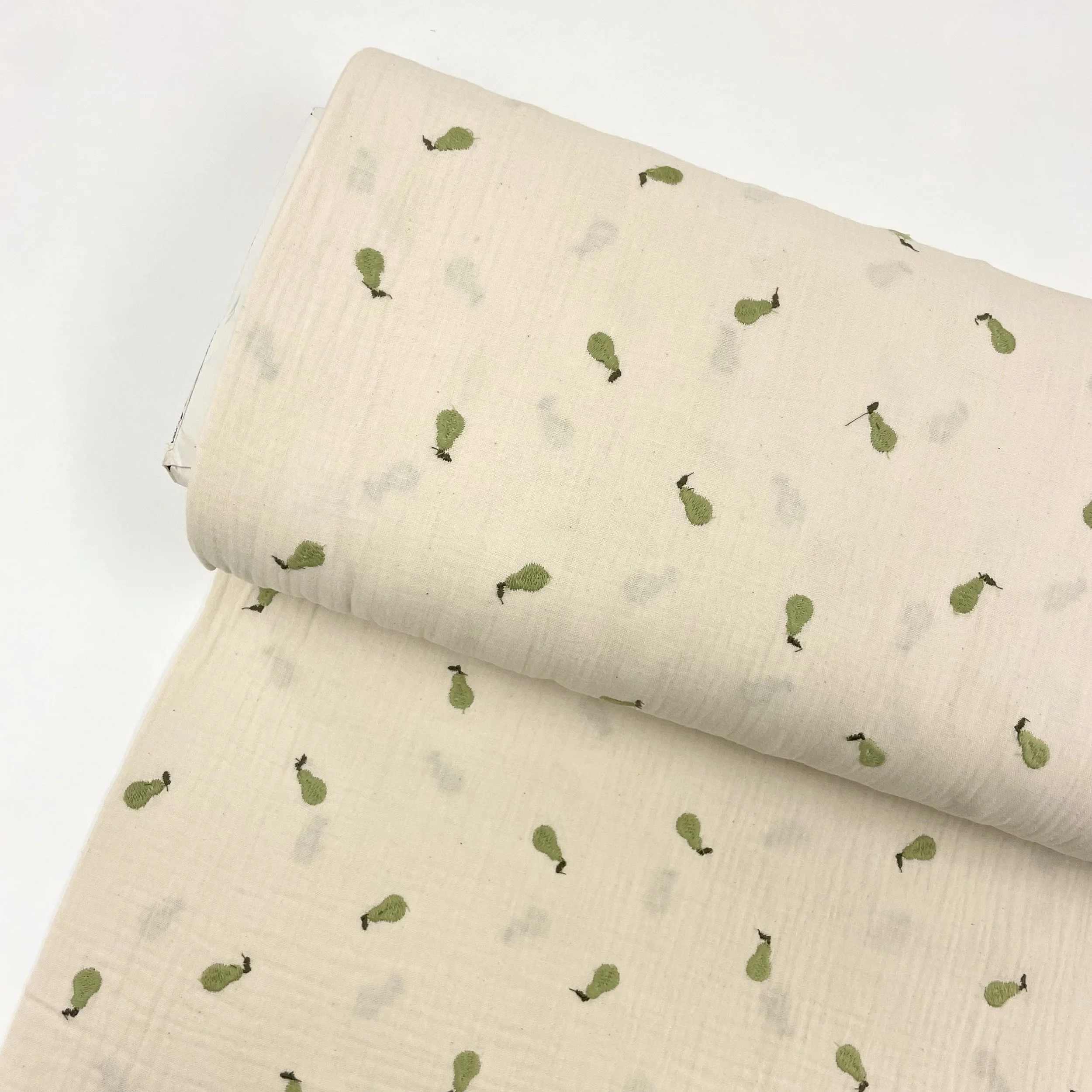 Hey Sew Sister - Green Pear Embroidered Natural Cotton Double Gauze Fabric for Sewing Dressmaking - Natural 1.jpeg