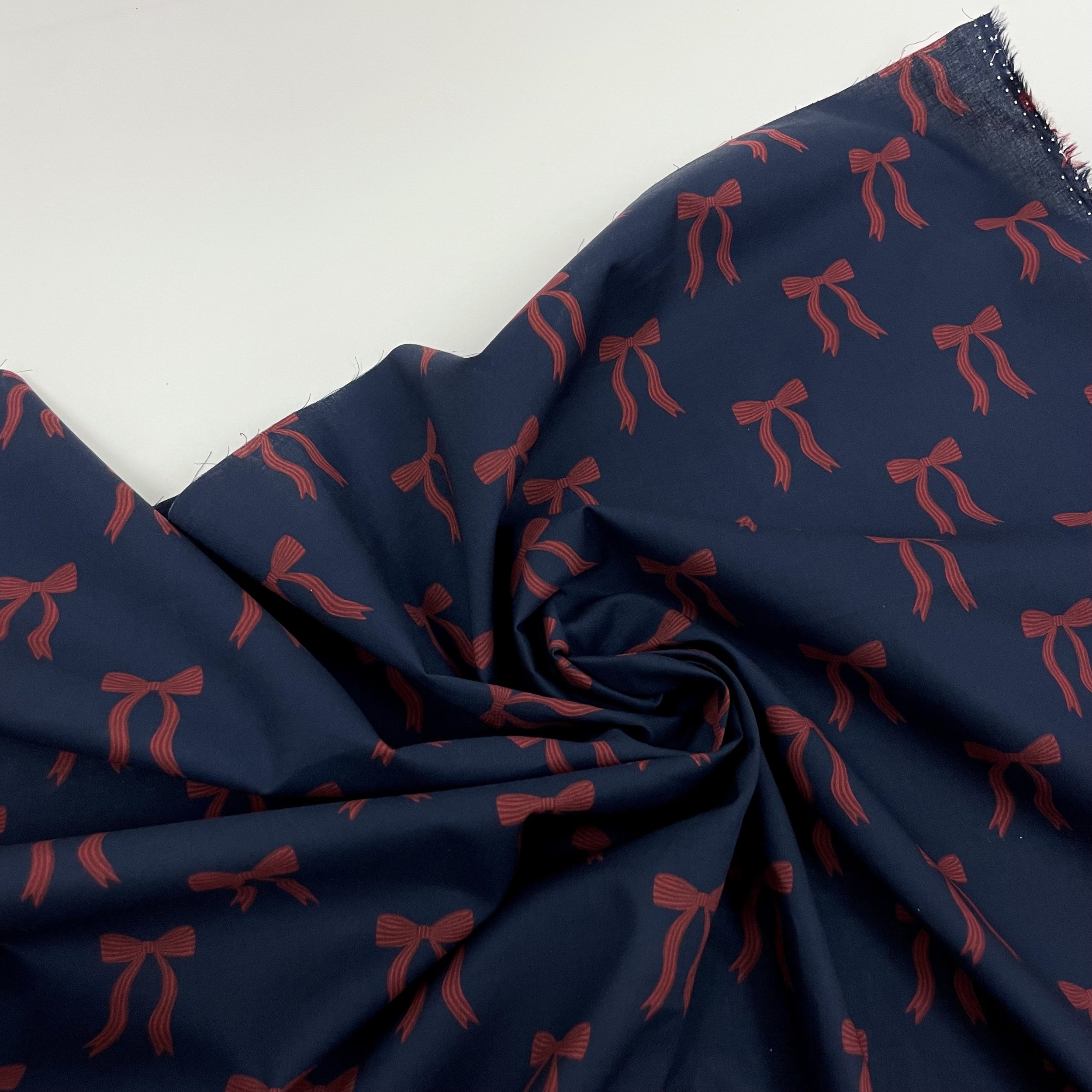 Hey Sew Sister - Pigeon Wishes - Adorn You - Bow Print Fabric - Cotton Lawn Poplin Dressmaking Fabric - Navy and Burgundy 2.jpeg