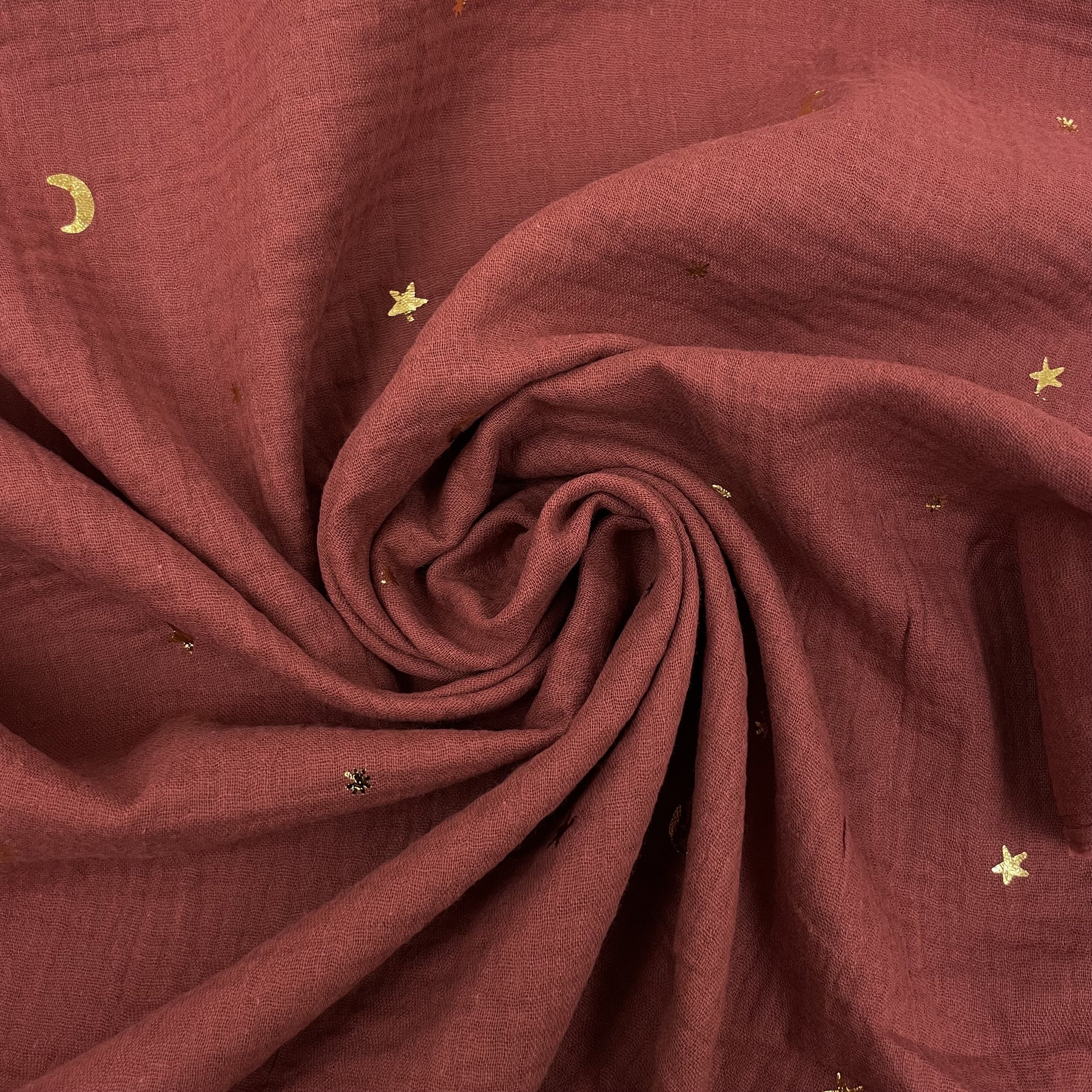 Hey Sew Sister - Night Sky - Autumnal Maple Red Cotton Double Gauze Fabric printed with gold foil moon and stars - Maple Red 4.jpeg