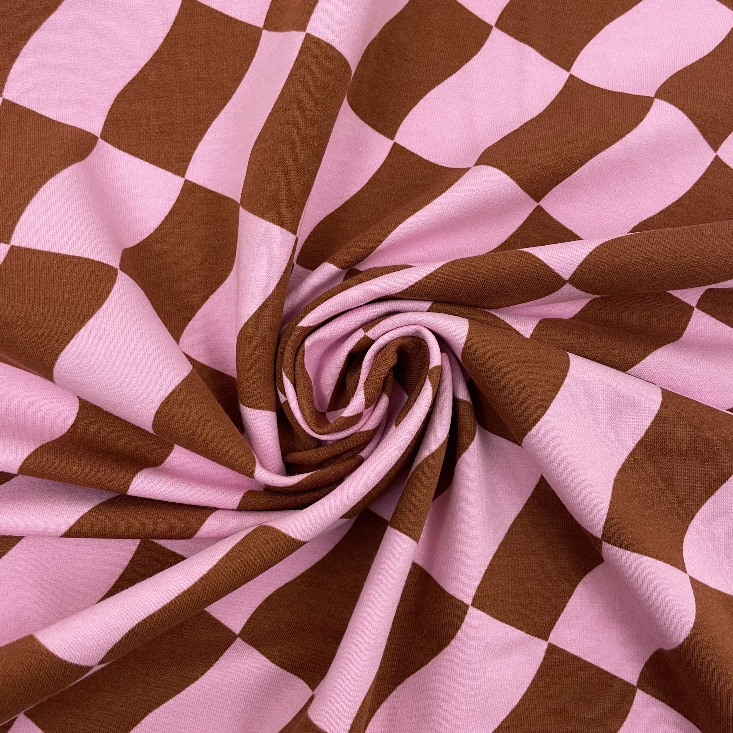 Hey Sew Sister - Squashed Checkerboard Pink and Burnt Orange Cotton Sweatshirting Fabric 3.jpeg