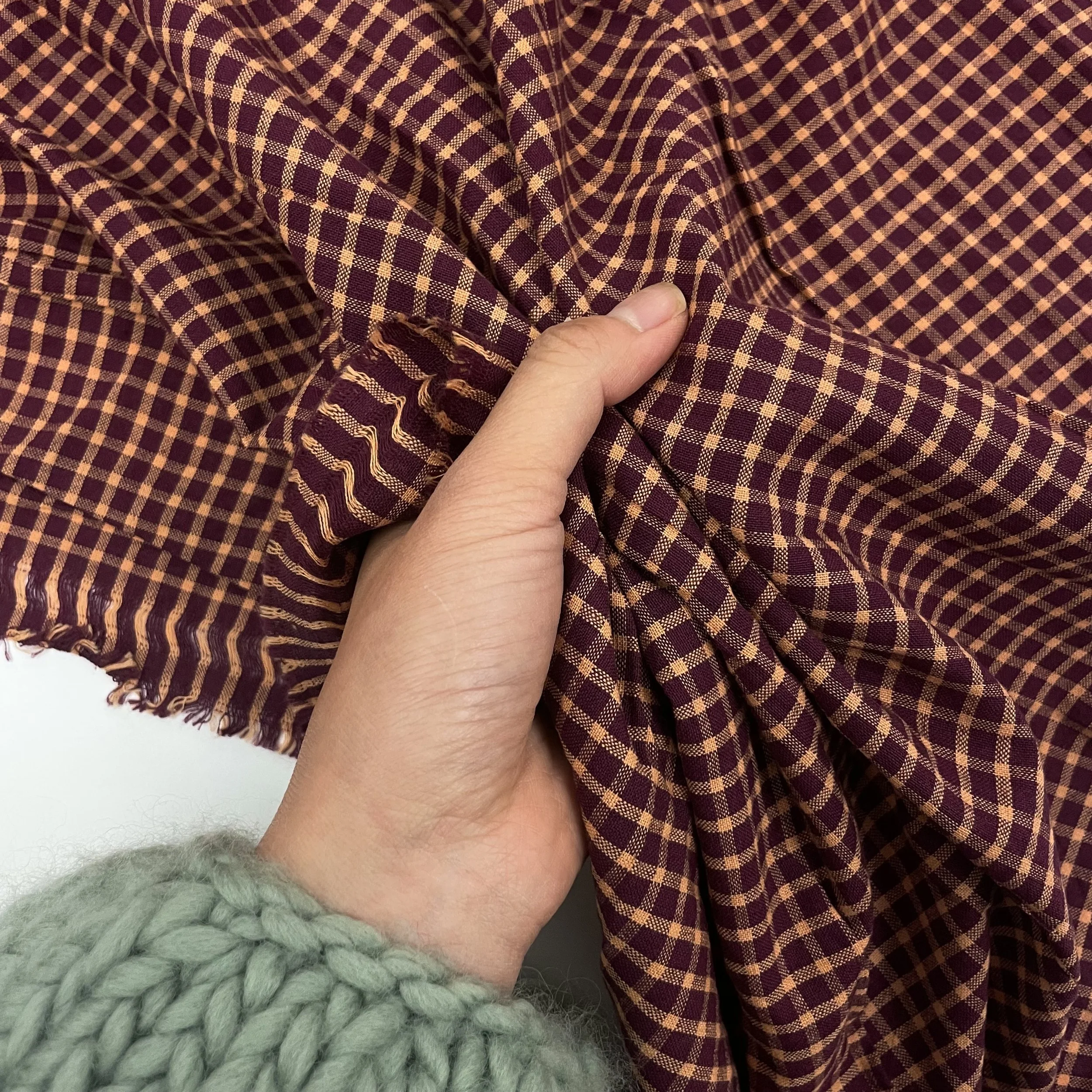 Hey Sew Sister - Handloom Hand Woven Yarn Dyed Cotton Fabric Check Plaid GIngham Stripe - Burgundy and Orange - Aberfeldy 4.jpeg