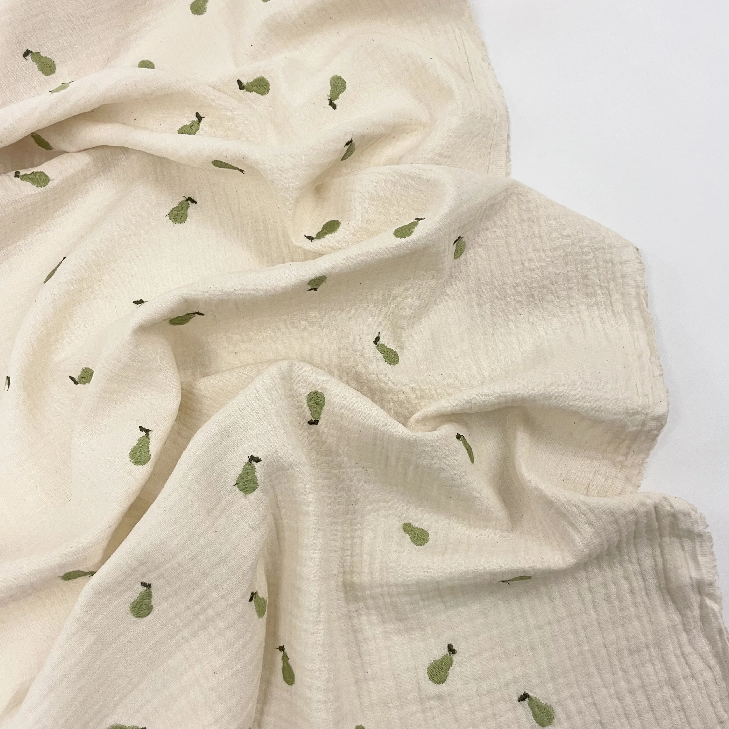 Hey Sew Sister - Green Pear Embroidered Natural Cotton Double Gauze Fabric for Sewing Dressmaking - Natural 2.jpeg