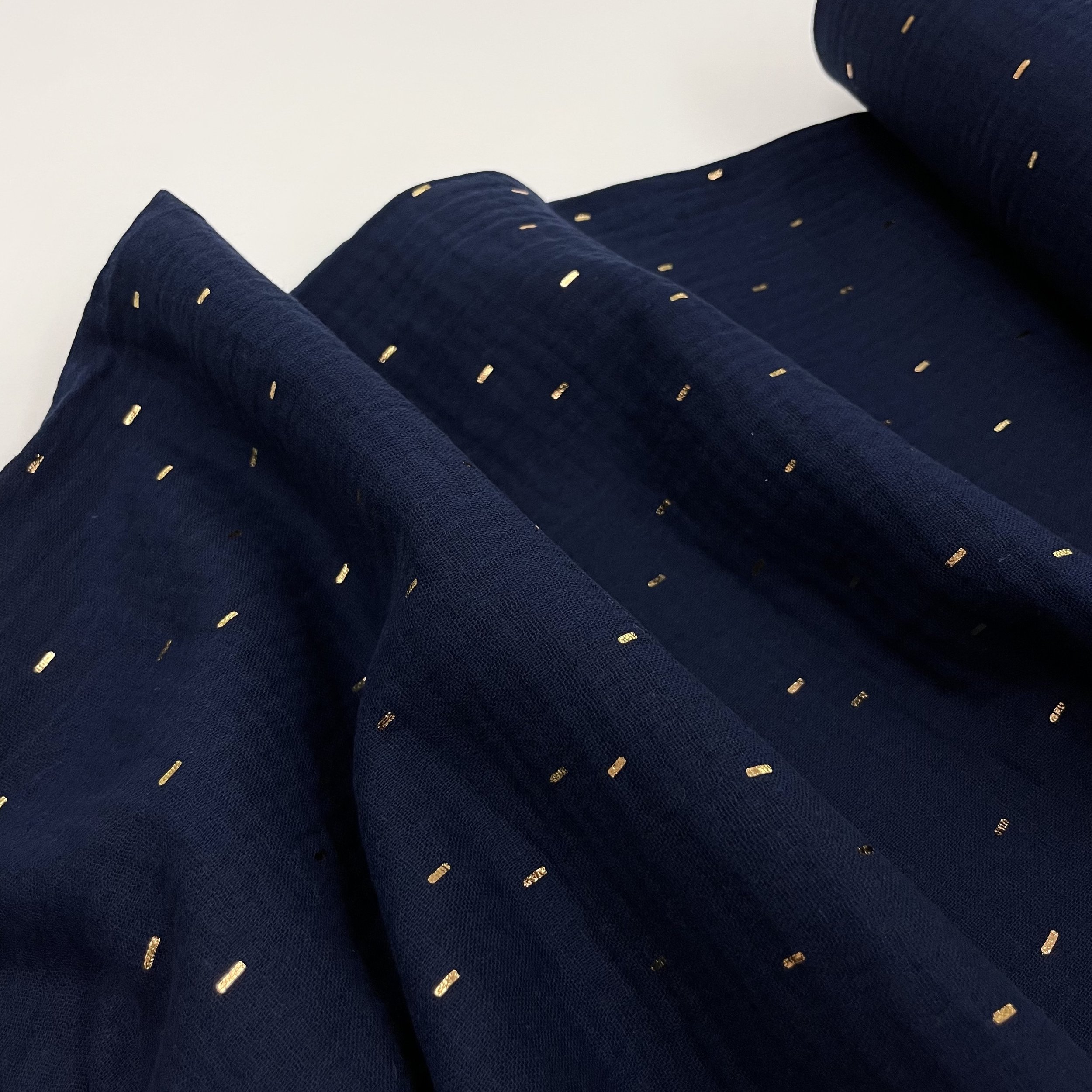 Hey Sew Sister - Sparkle - Gold Foil Sprinkle Printed Cotton Double Gauze Fabric Navy 5.jpeg
