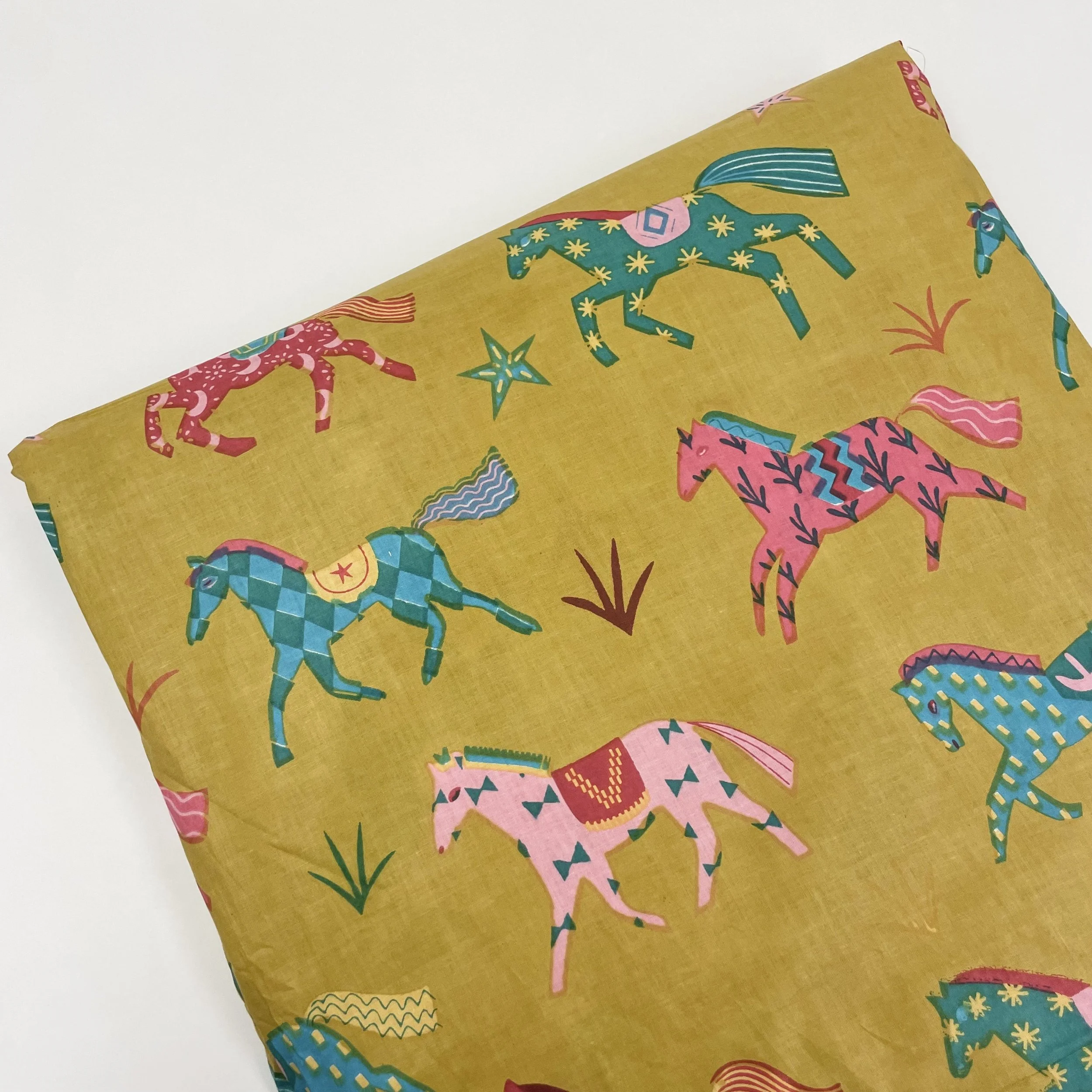 Hey Sew Sister - Year of the Horse - Multicoloured Horse on Mustard Yellow Background Screen Printed Cotton Fabric 1.jpeg