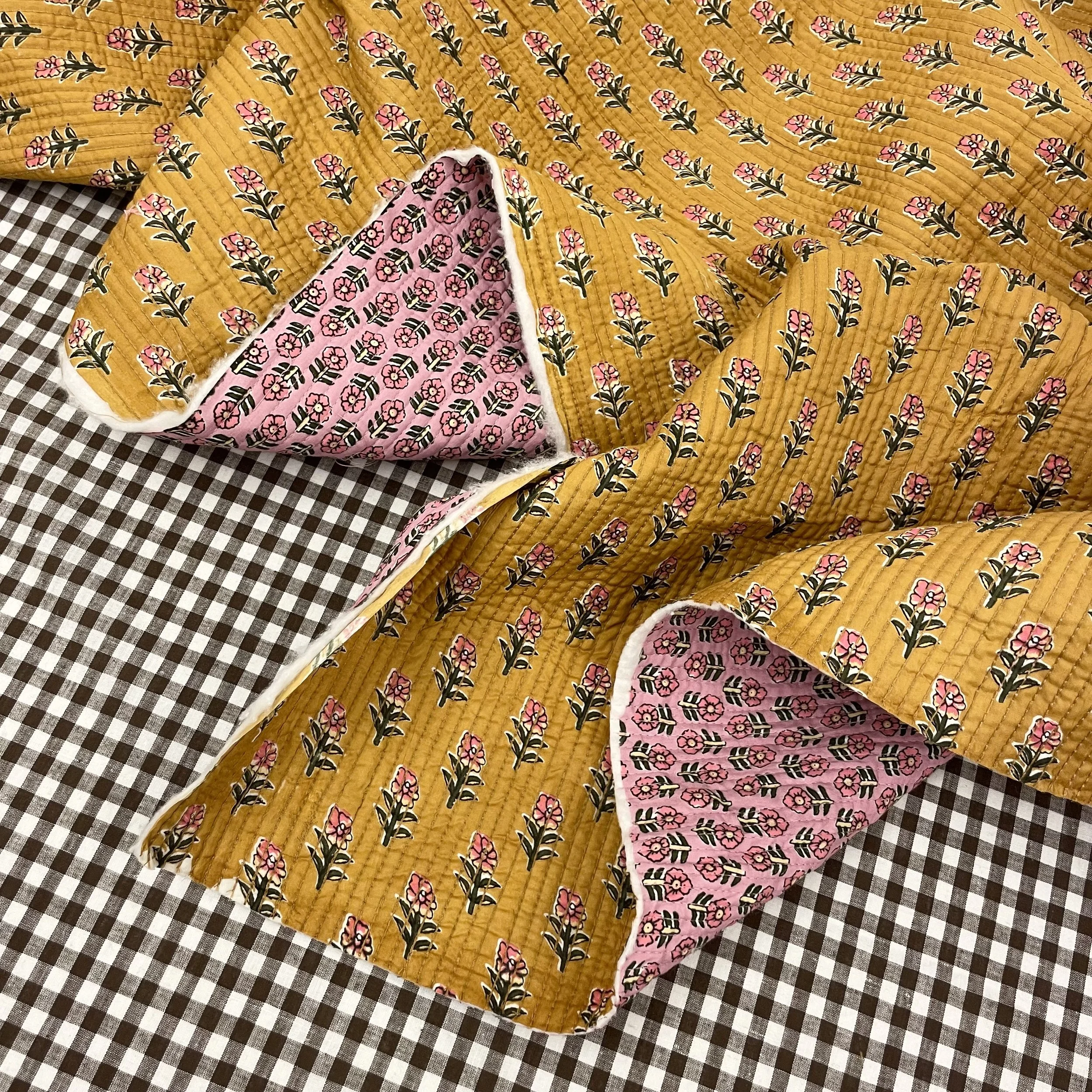 Hey Sew Sister - Double Sided Pre-Quilted Cotton Fabrcs - Block and screen printed Cotton - Marigold Yellow and Bubblegum Pink 3.jpeg