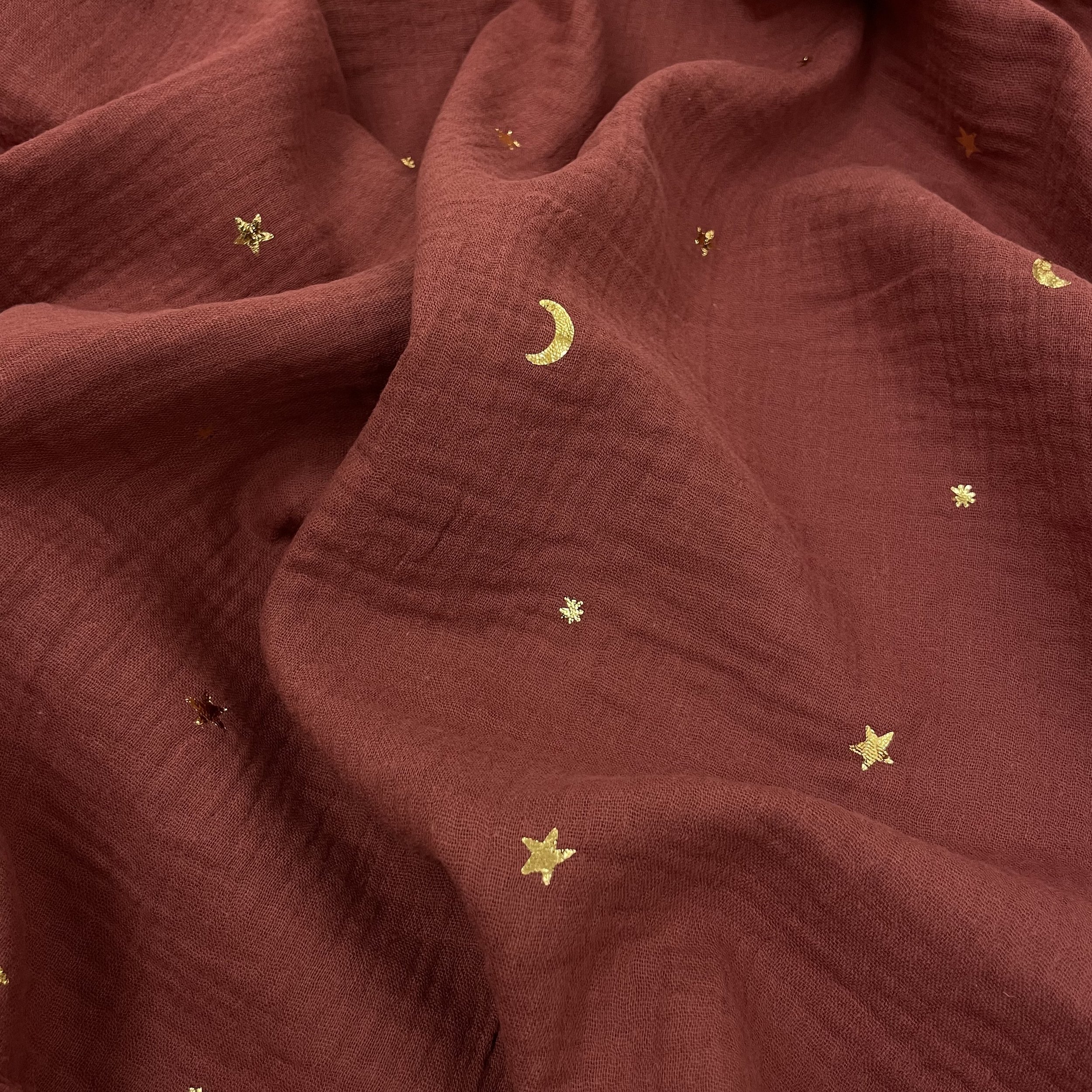 Hey Sew Sister - Night Sky - Autumnal Maple Red Cotton Double Gauze Fabric printed with gold foil moon and stars - Maple Red 3.jpeg