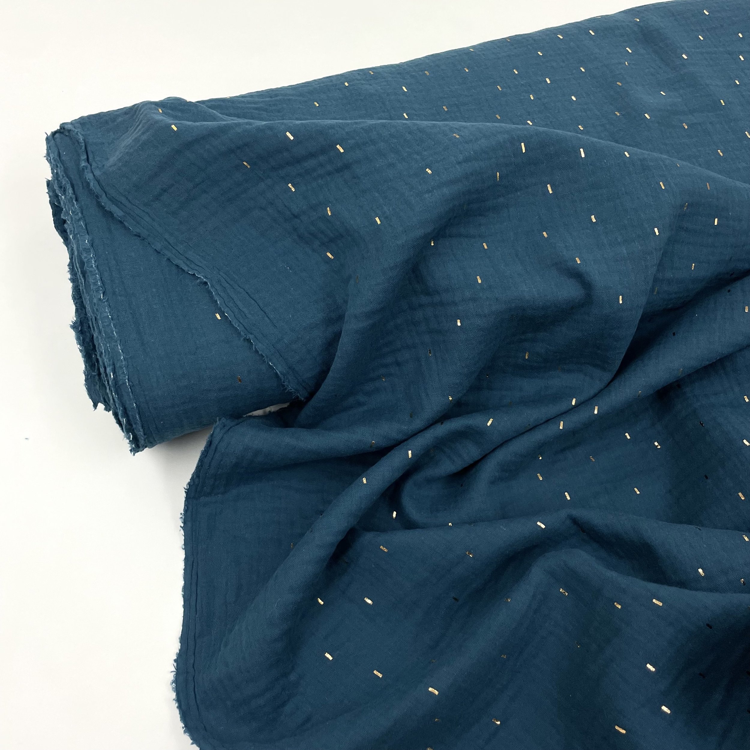 Hey Sew Sister - Sparkle - Gold Foil Sprinkle Printed Cotton Double Gauze Fabric Petrol Green 2.jpeg